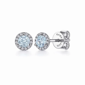 14K White Gold Halo Aquamarine and Diamond Stud Earrings Travel Essential