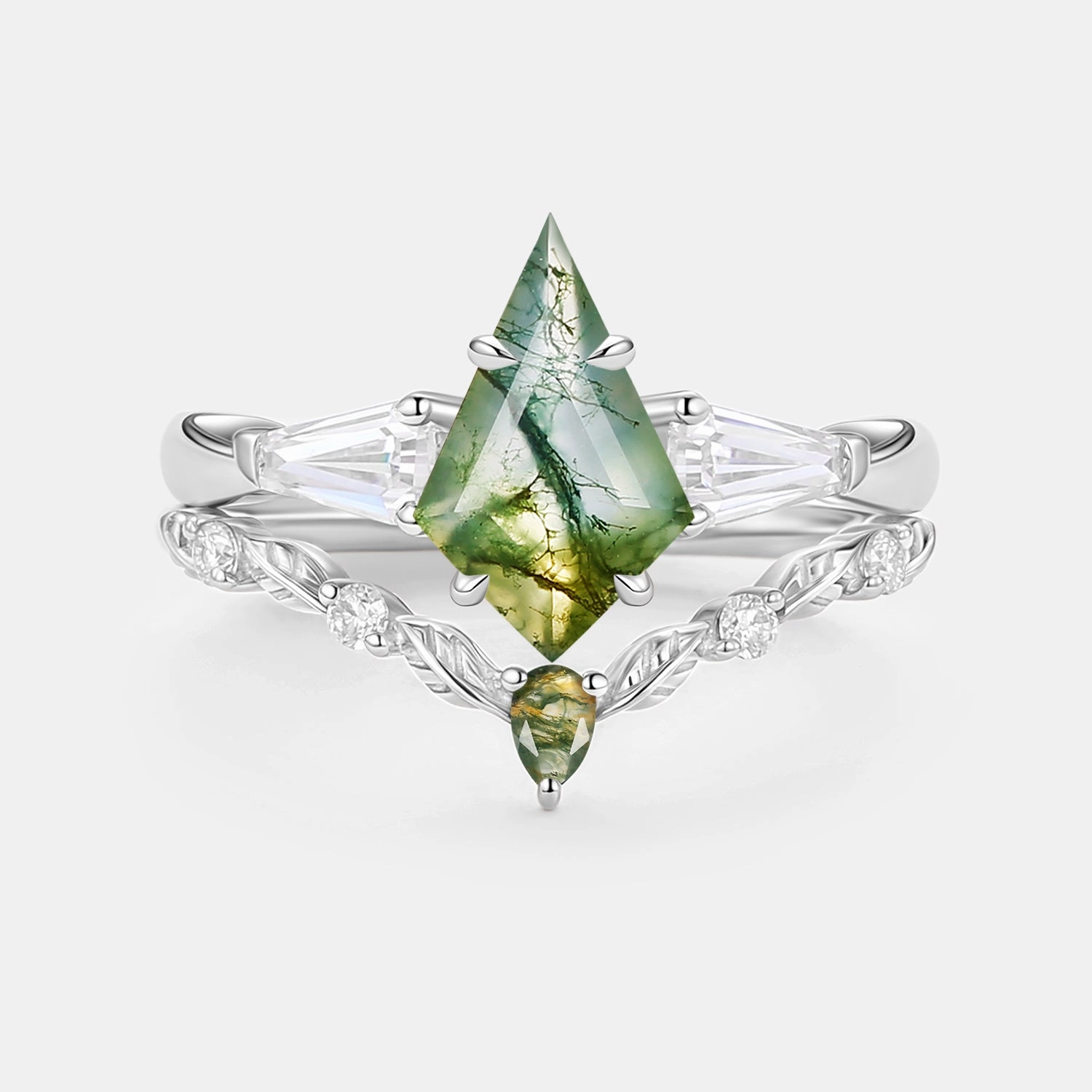 Moss Agate Kite Cut Three Stone Engagement Ring Set 2pcs - Bryce Natural Finish Contemporary Feel