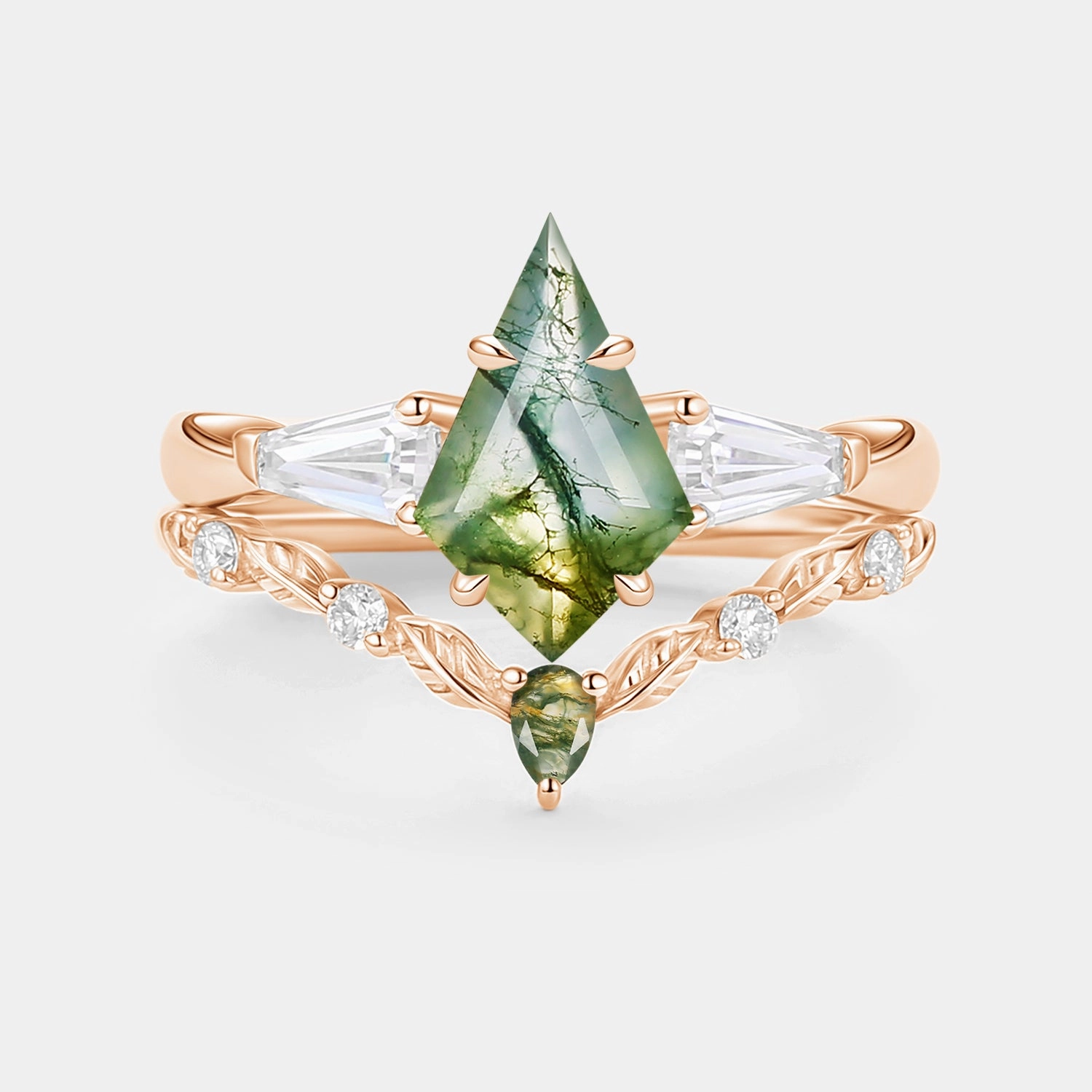 Moss Agate Kite Cut Three Stone Engagement Ring Set 2pcs - Bryce Couture Accessory