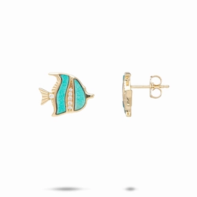Sculpted Accent Soft Appeal Sealife Angelfish Turquoise Earrings in Gold with Diamonds - 12mm