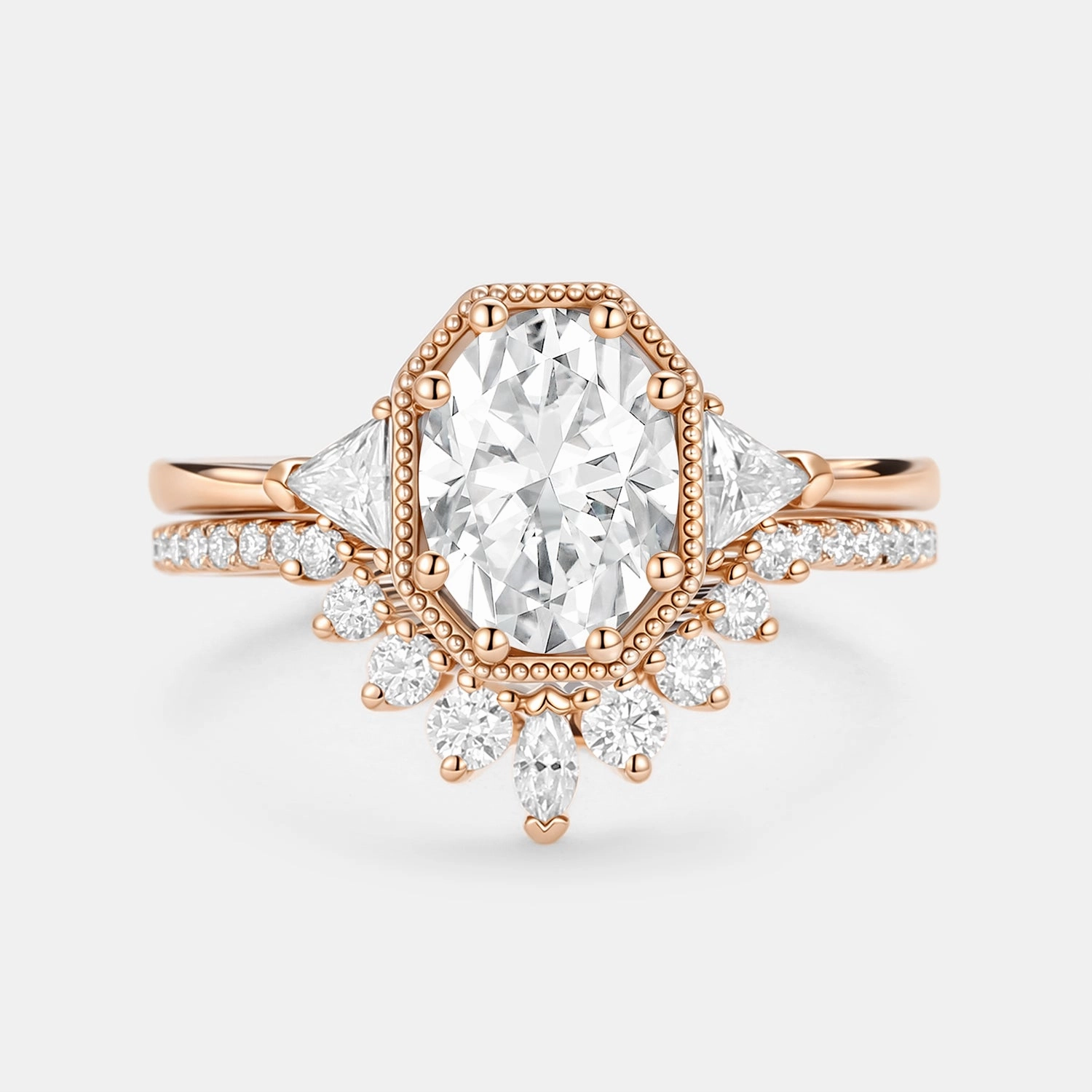 Hand Finished Clean Lines Geometric Moissanite Retro Style Ring Set 2pcs