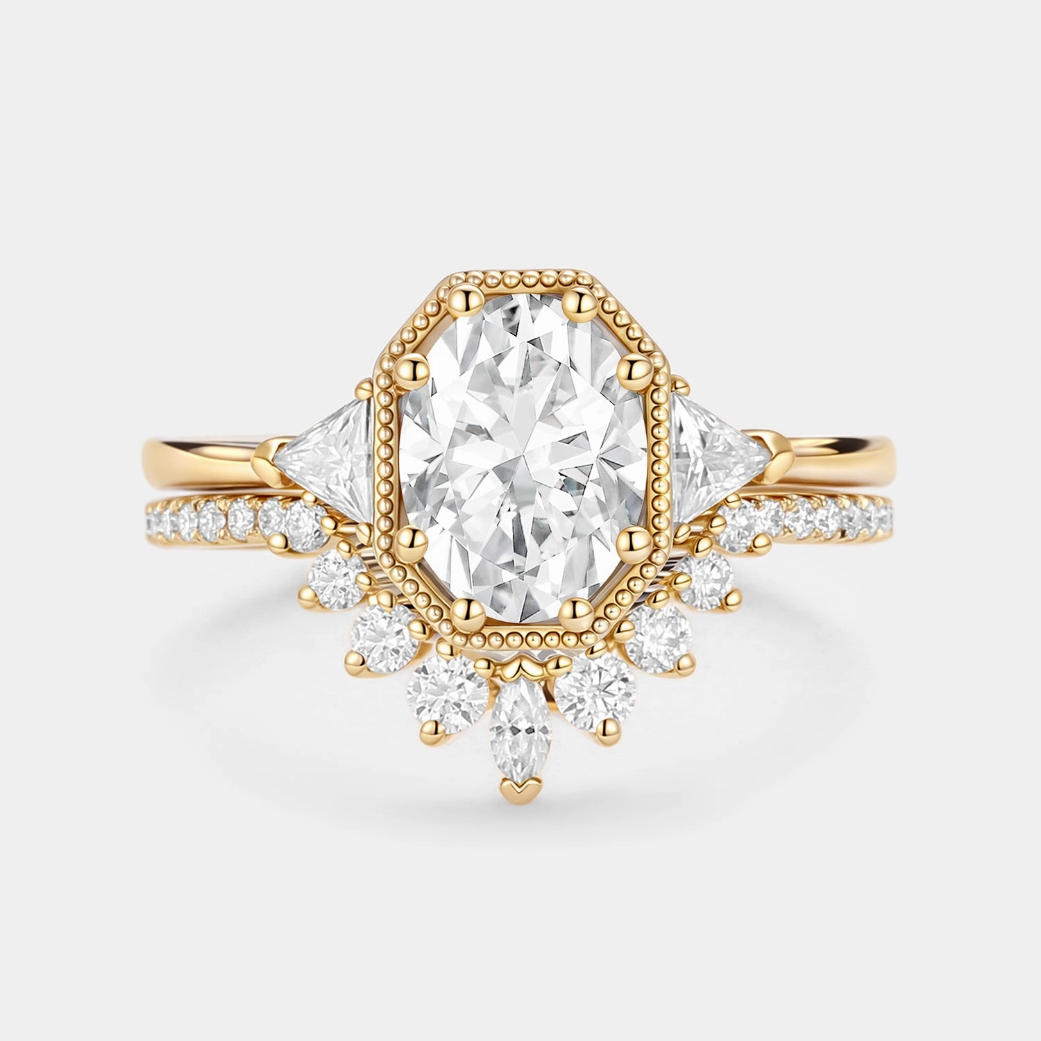 Edwardian Style Soft Polish Geometric Moissanite Retro Style Ring Set 2pcs