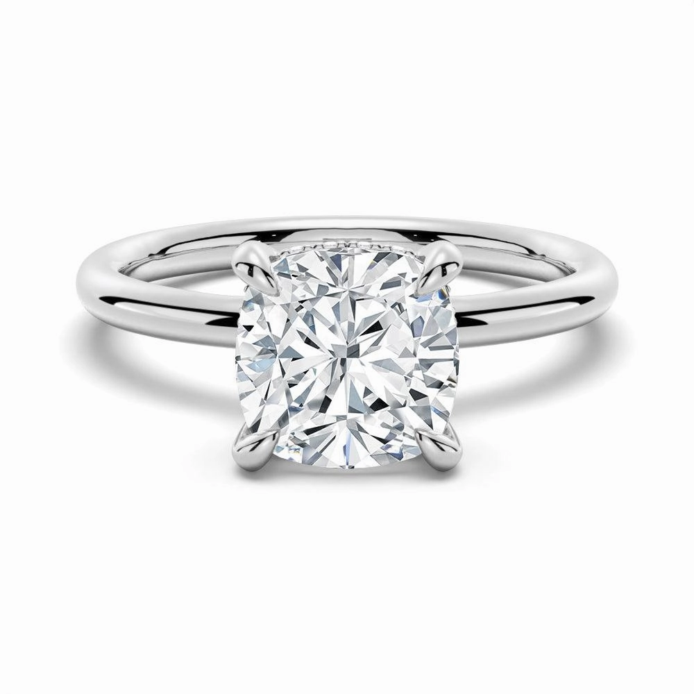Cushion Cut Solitaire Moissanite Engagement Ring With Hidden Halo Ethereal Accent