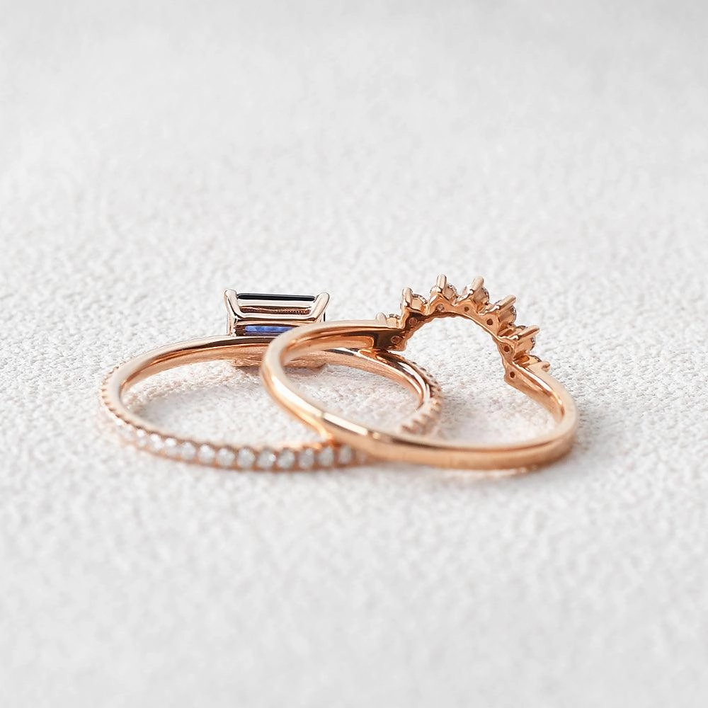 Felicegals Baguette Cut Sapphire Gold Ring Set 2pcs Fresh Edge