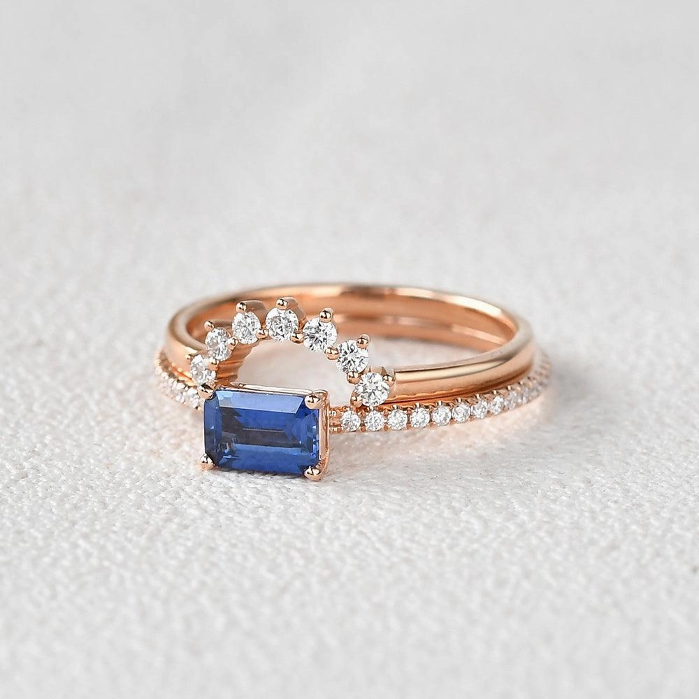 Graceful Gift Felicegals Baguette Cut Sapphire Gold Ring Set 2pcs