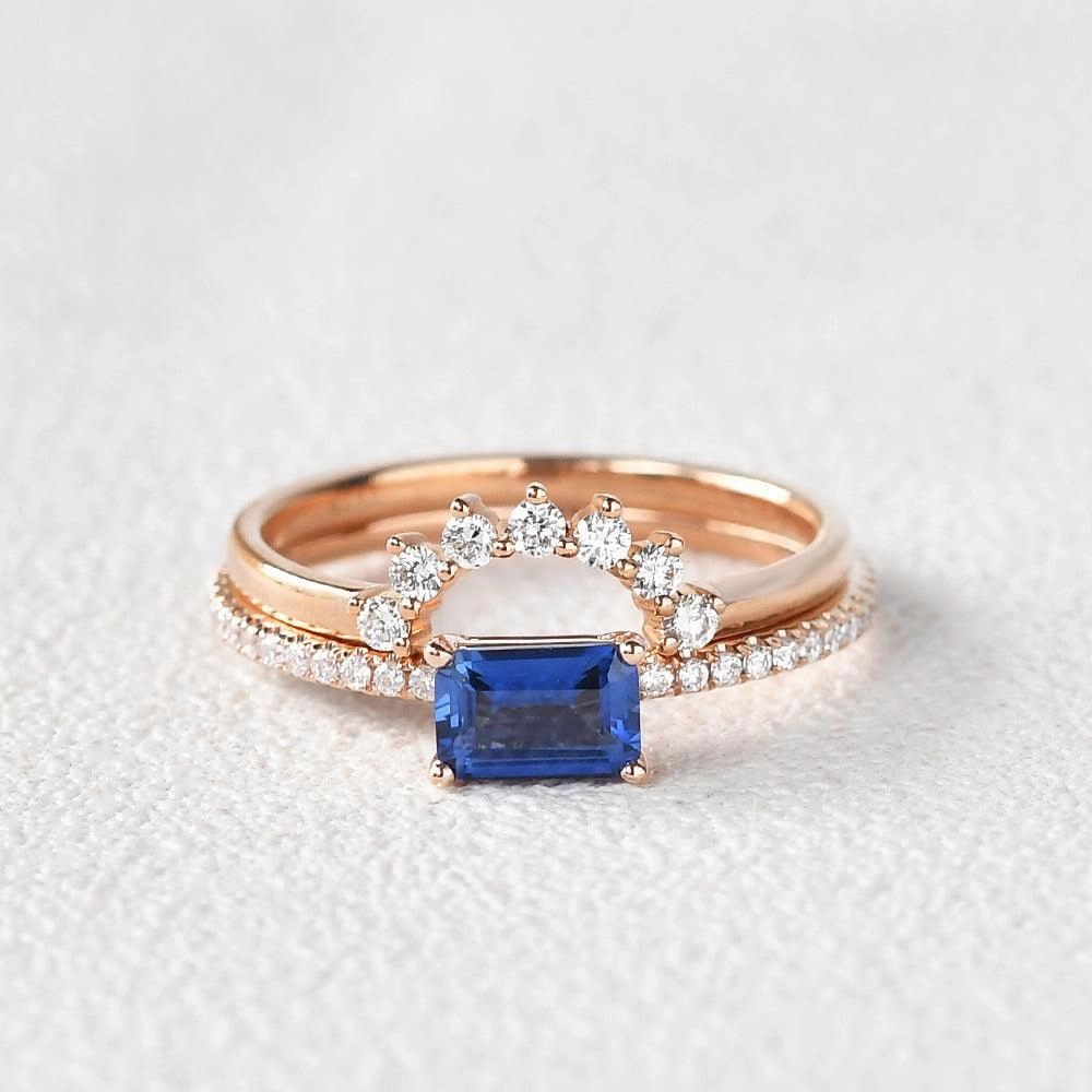Glam Party Artistic Symbol Felicegals Baguette Cut Sapphire Gold Ring Set 2pcs