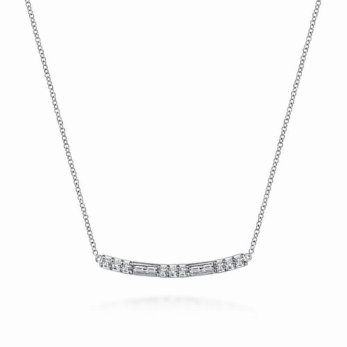 Day To Day Daily Classic 14K White Gold Round and Baguette Diamond Curved Bar Necklace