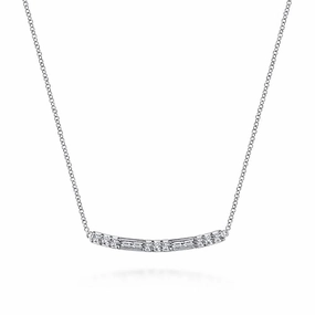 Day To Day Daily Classic 14K White Gold Round and Baguette Diamond Curved Bar Necklace