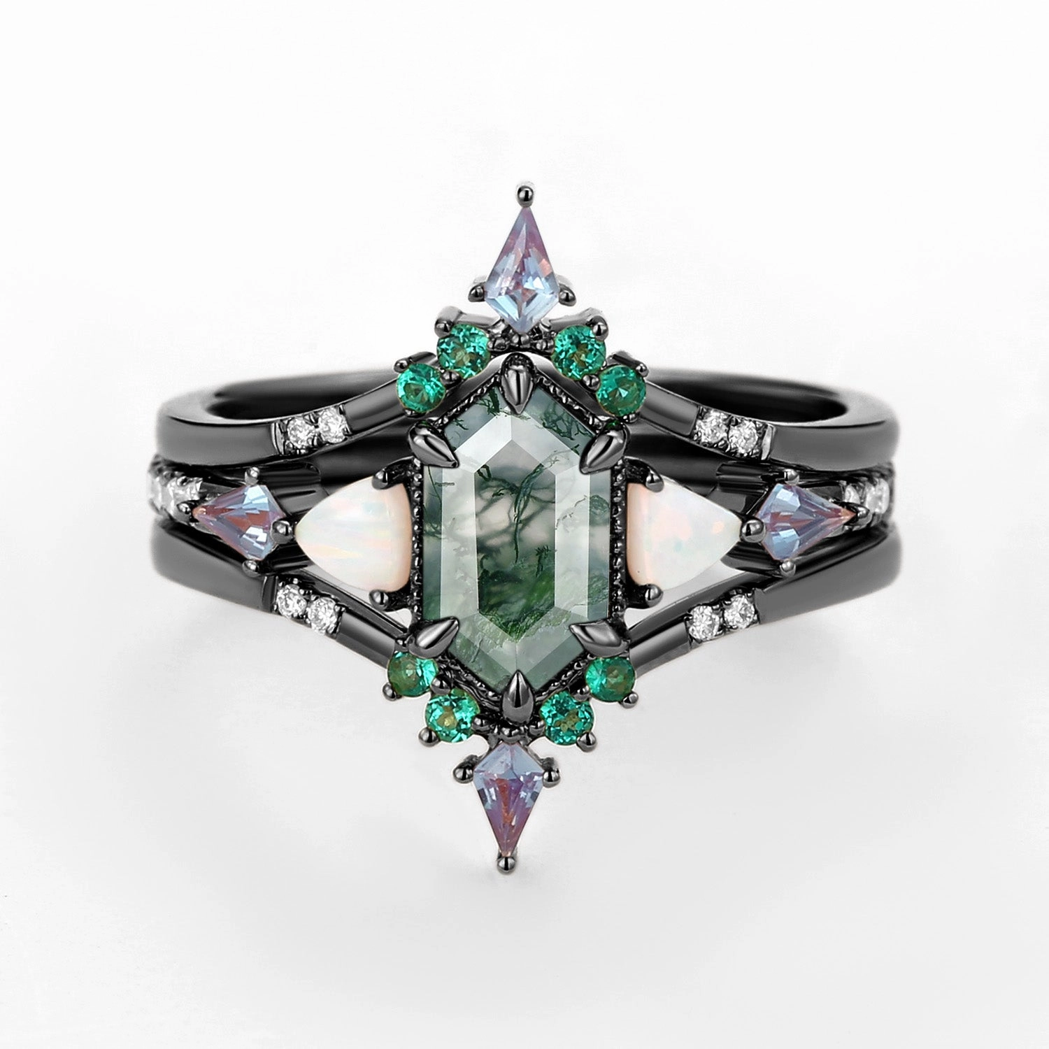 Exquisite Decoration Abstract Pattern Long Hexagon Moss Agate & Opal & Alexandrite & Emerald Engagement Ring Set 3pcs - Max