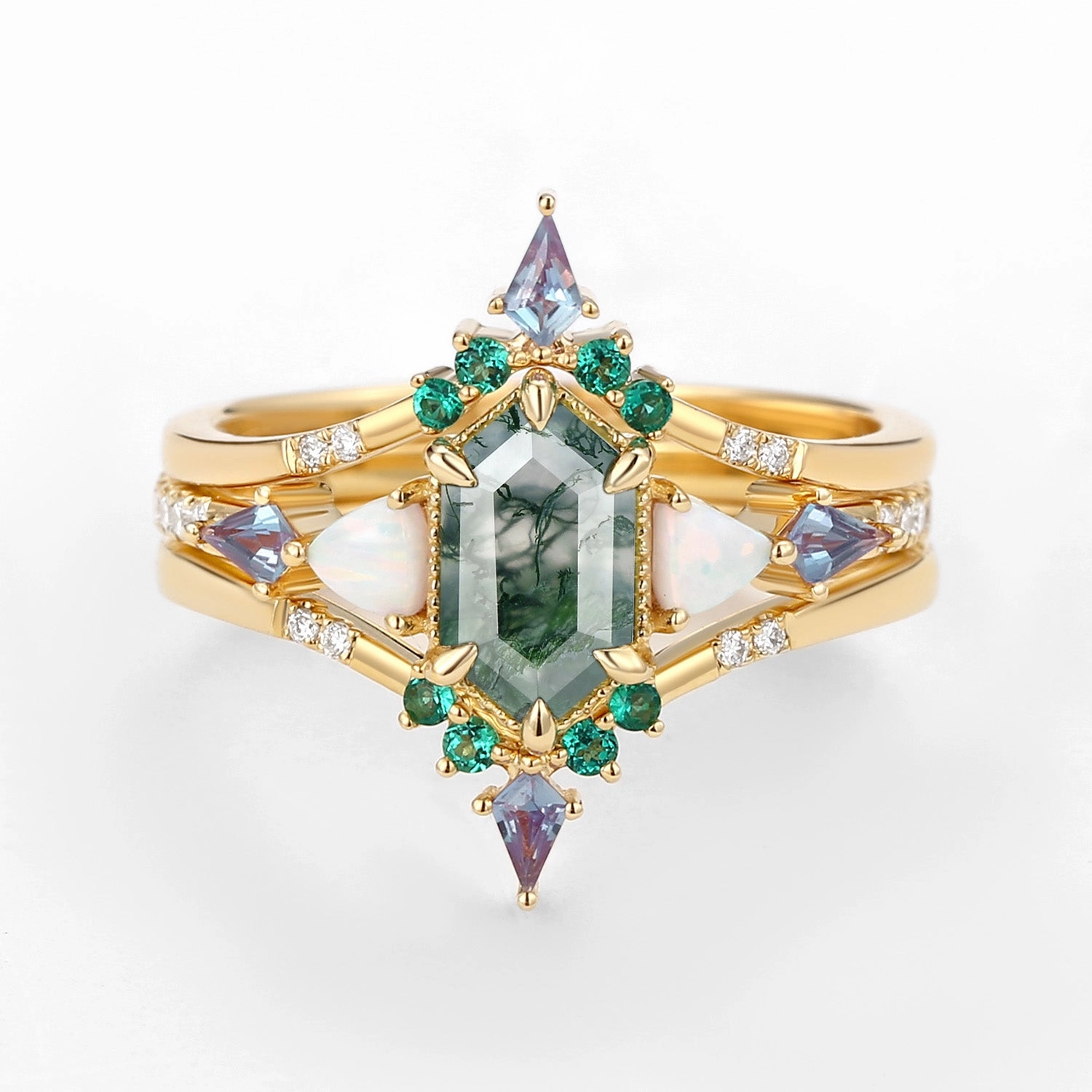 Long Hexagon Moss Agate & Opal & Alexandrite & Emerald Engagement Ring Set 3pcs - Max Glow Up Look