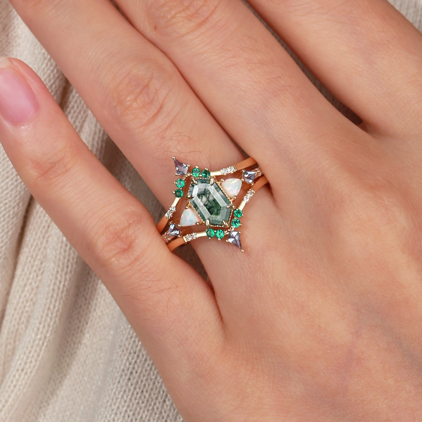 Evening Wear Long Hexagon Moss Agate & Opal & Alexandrite & Emerald Engagement Ring Set 3pcs - Max