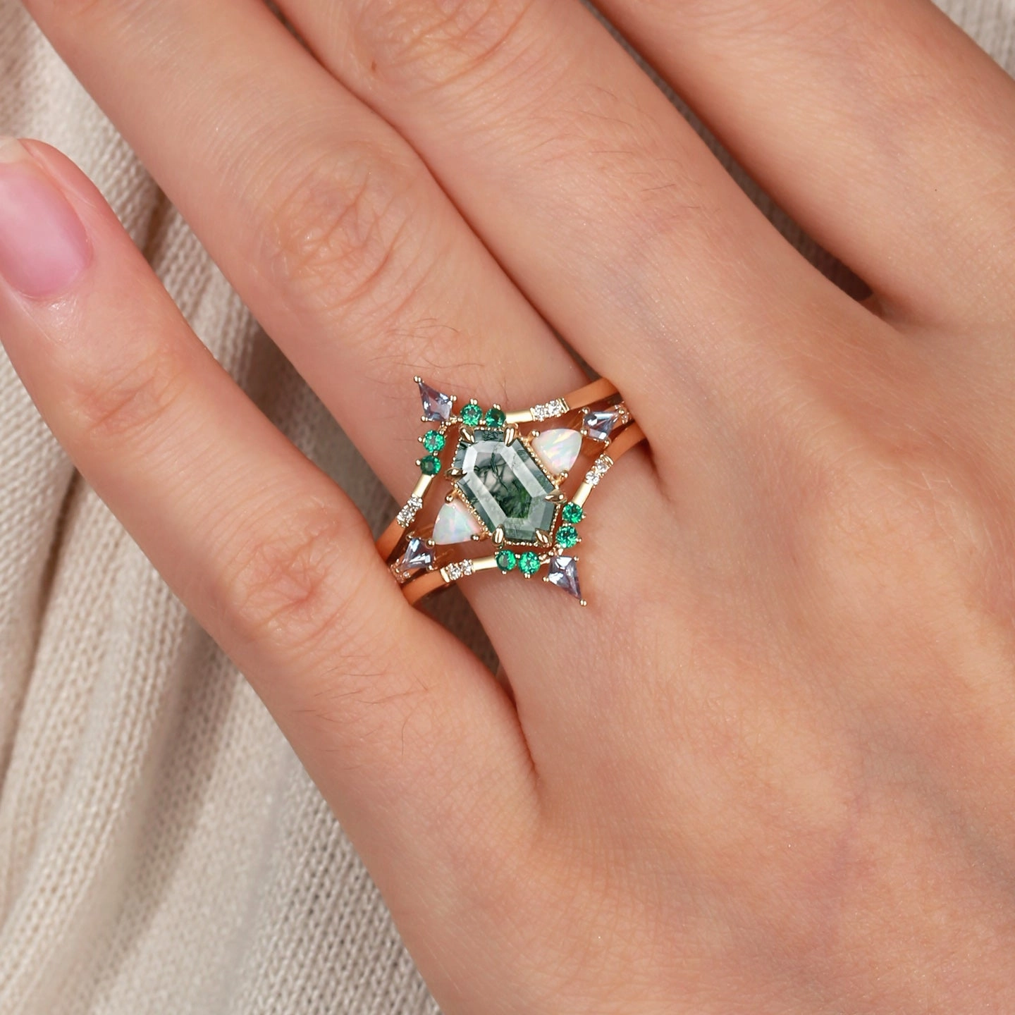 Long Hexagon Moss Agate & Opal & Alexandrite & Emerald Engagement Ring Set 3pcs - Max Personal Embellishment status symbol