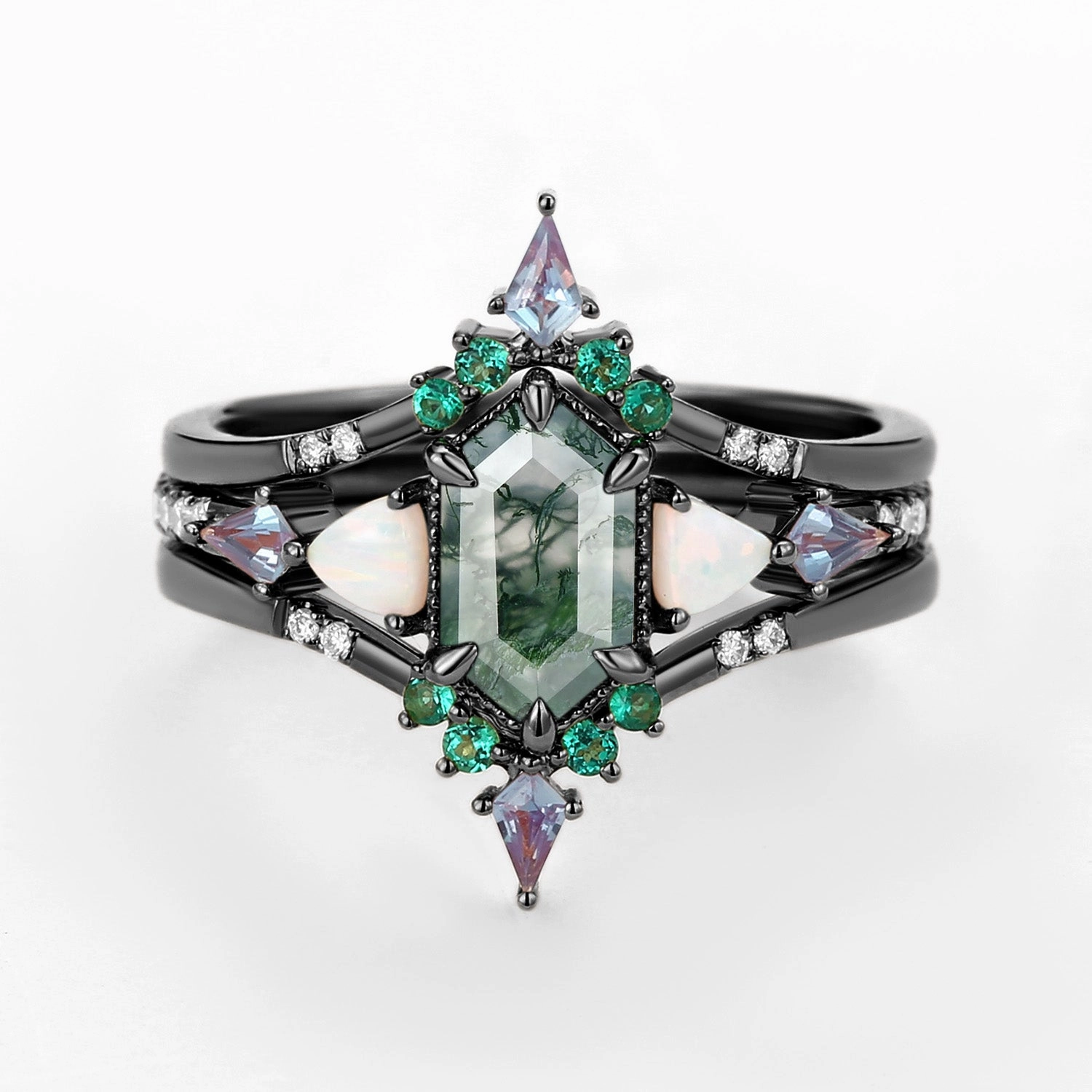 Wedding Gift Statement Look Long Hexagon Moss Agate & Opal & Alexandrite & Emerald Engagement Ring Set 3pcs - Max