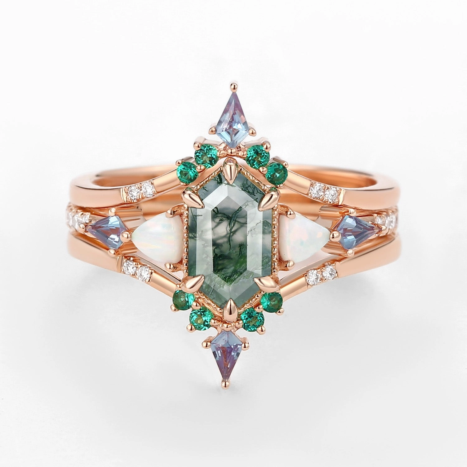 Long Hexagon Moss Agate & Opal & Alexandrite & Emerald Engagement Ring Set 3pcs - Max Shimmering Form Daytime Sparkle