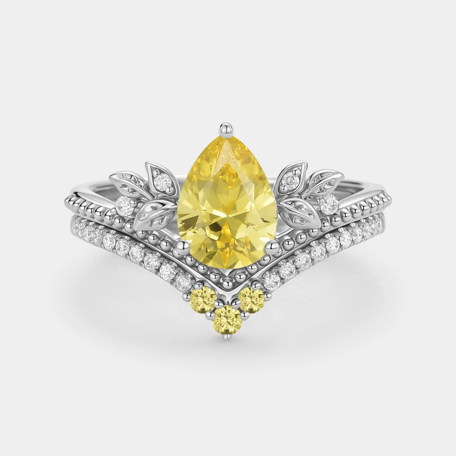 Popular Trend Pear Cut Lab Yellow Sapphire Leafy Ring Set 2pcs - Aureolin
