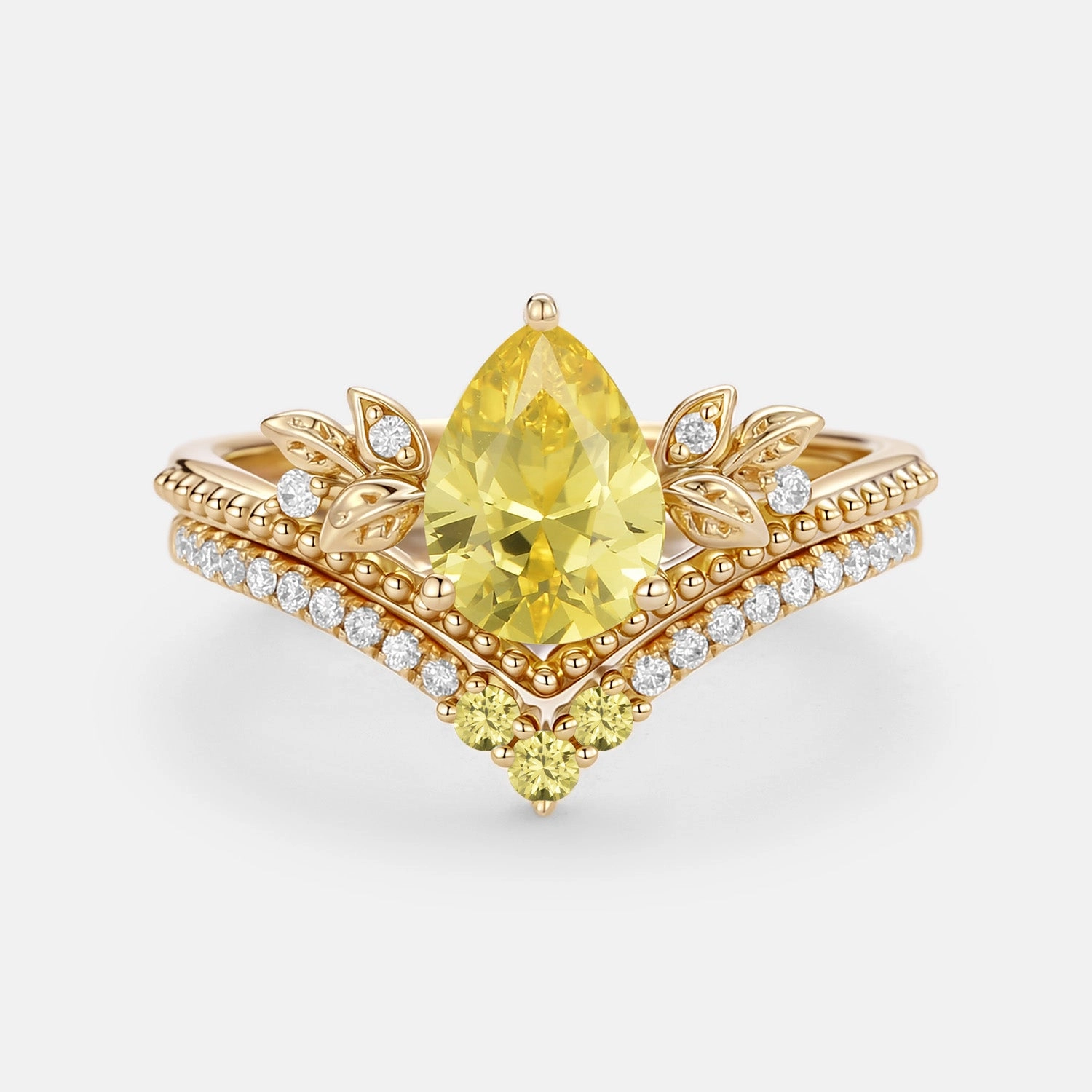 Pear Cut Lab Yellow Sapphire Leafy Ring Set 2pcs - Aureolin Complete Set Luxury Texture