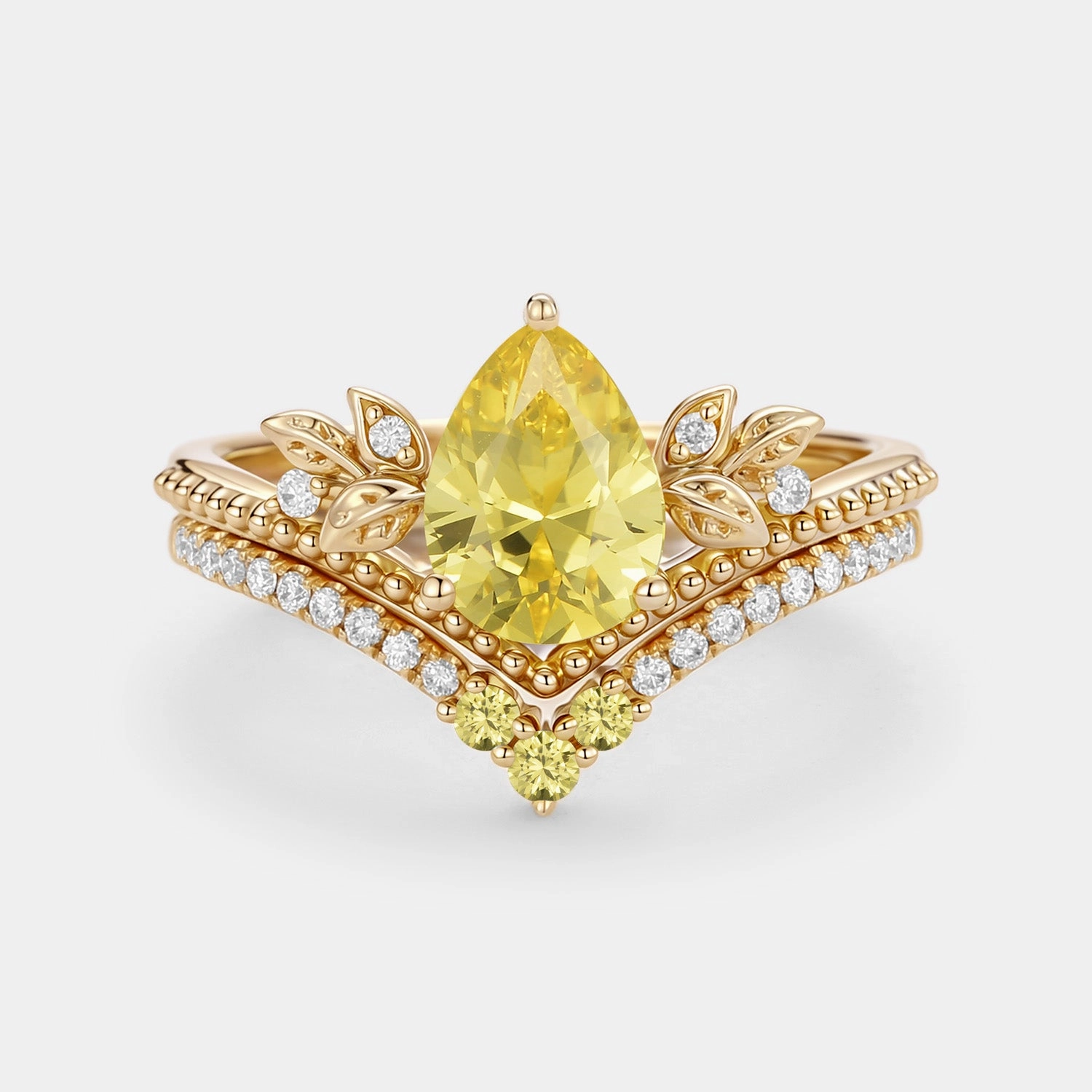 Meaningful Accessory Contemporary Creation Pear Cut Lab Yellow Sapphire Leafy Ring Set 2pcs - Aureolin