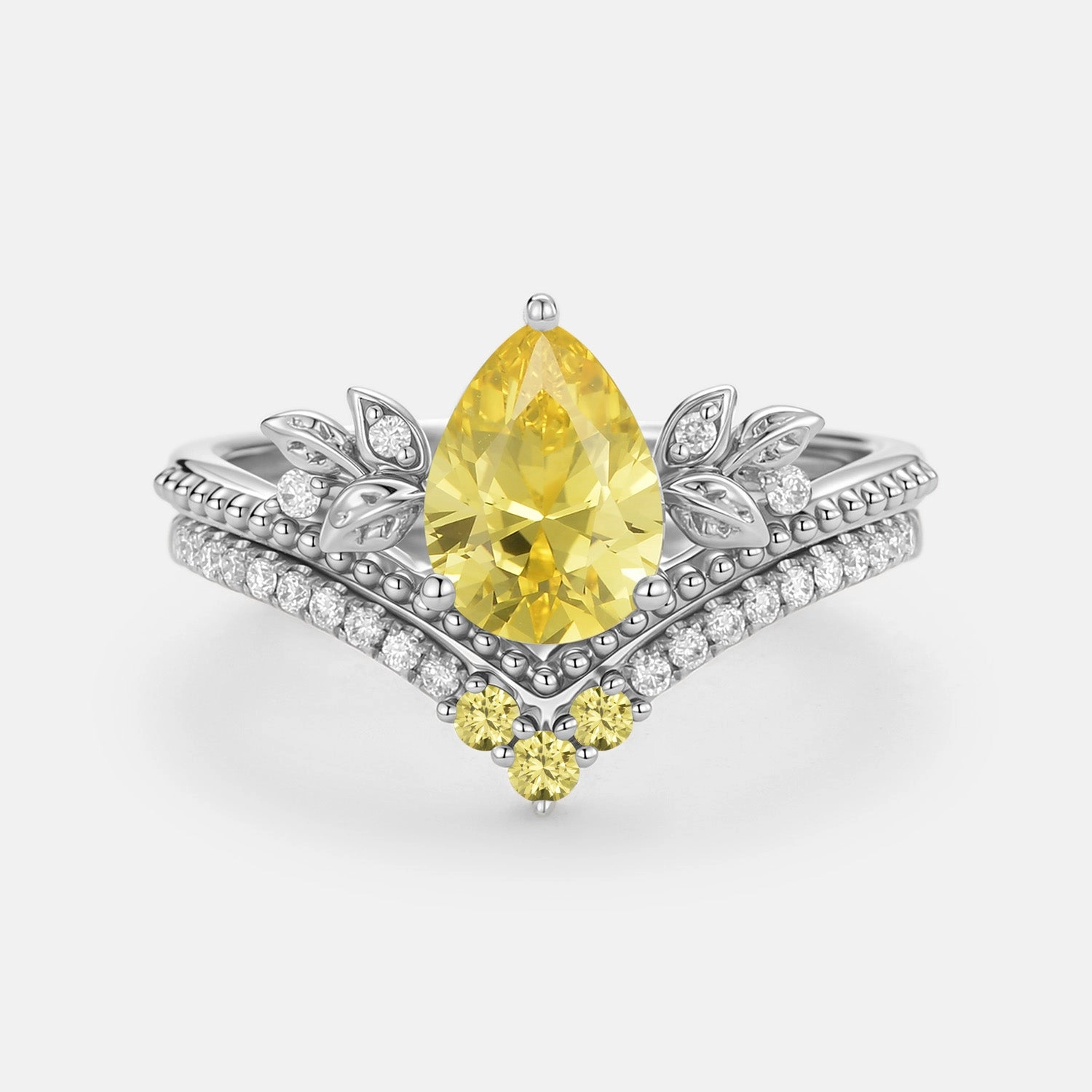 Romantic Feel Romantic Statement Pear Cut Lab Yellow Sapphire Leafy Ring Set 2pcs - Aureolin