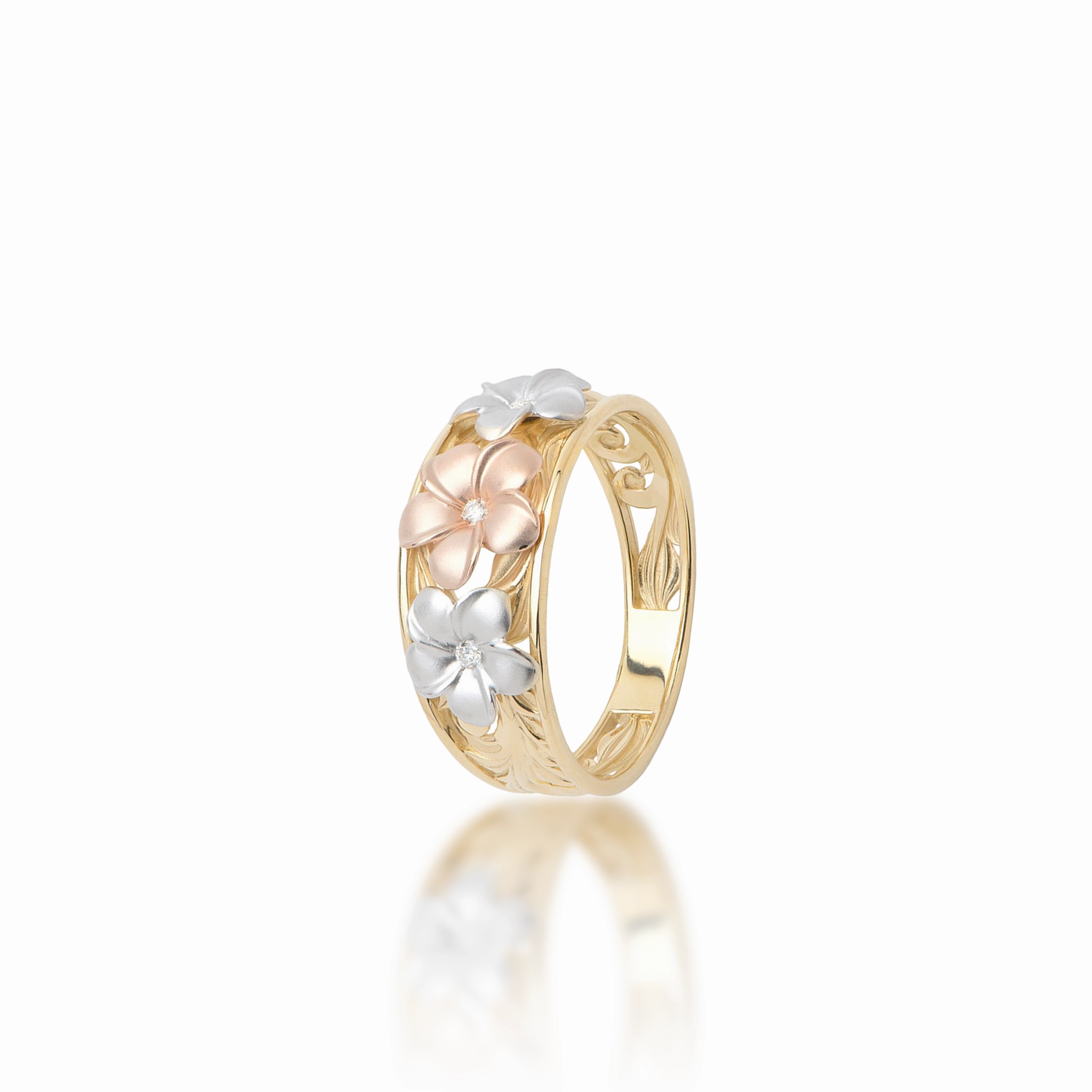 Hawaiian Heirloom Plumeria Ring in Tri Color Gold with Diamonds - 8mm Sophisticated Design Finish Impressive Craft