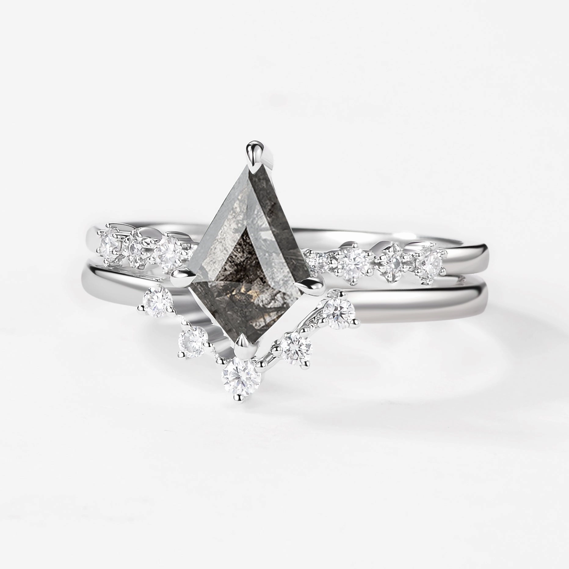 Delicate Layer Unique Kite Salt & Pepper Diamonds Non-traditional Engagement Ring 2pcs