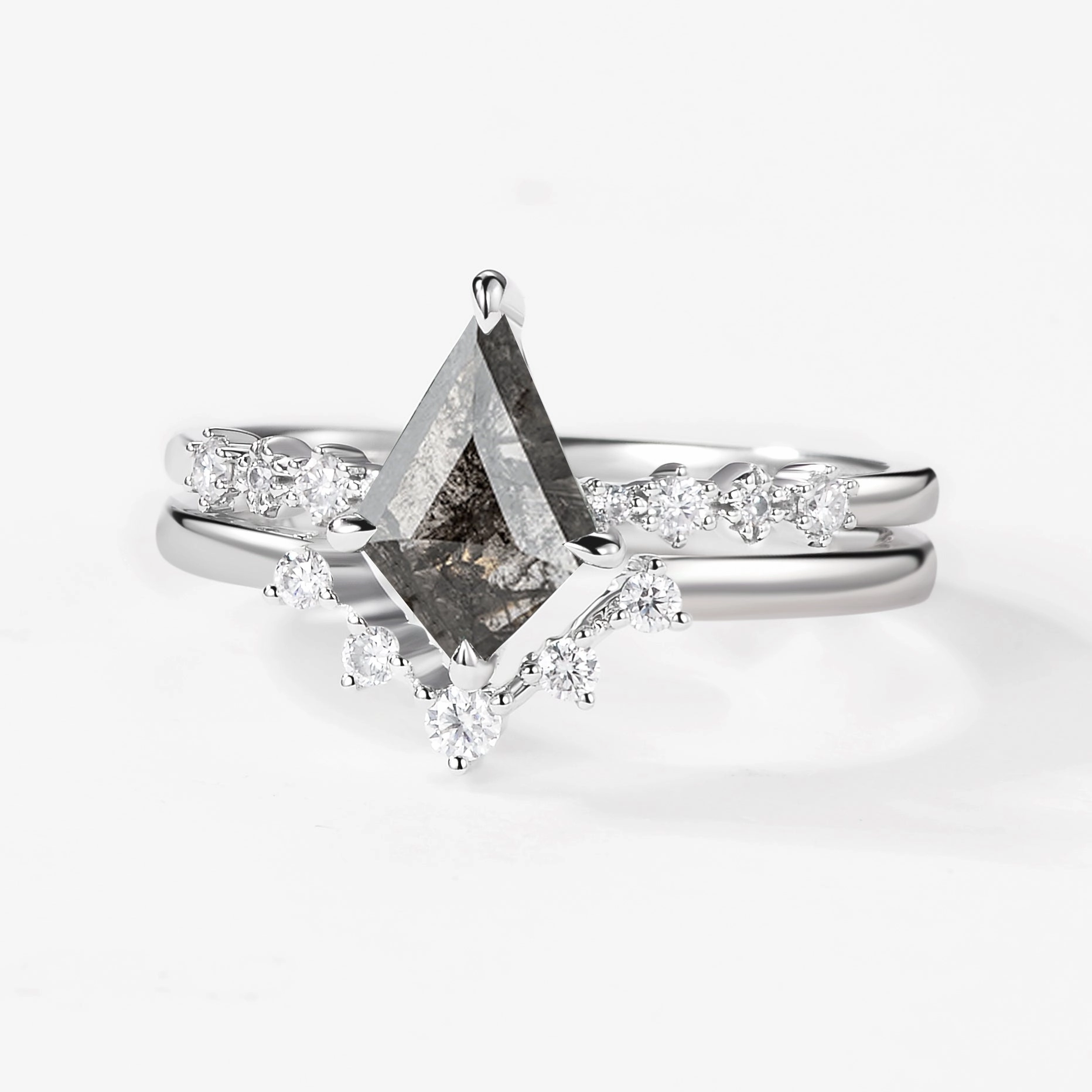 Representational Piece HighEnd Token Unique Kite Salt & Pepper Diamonds Non-traditional Engagement Ring 2pcs