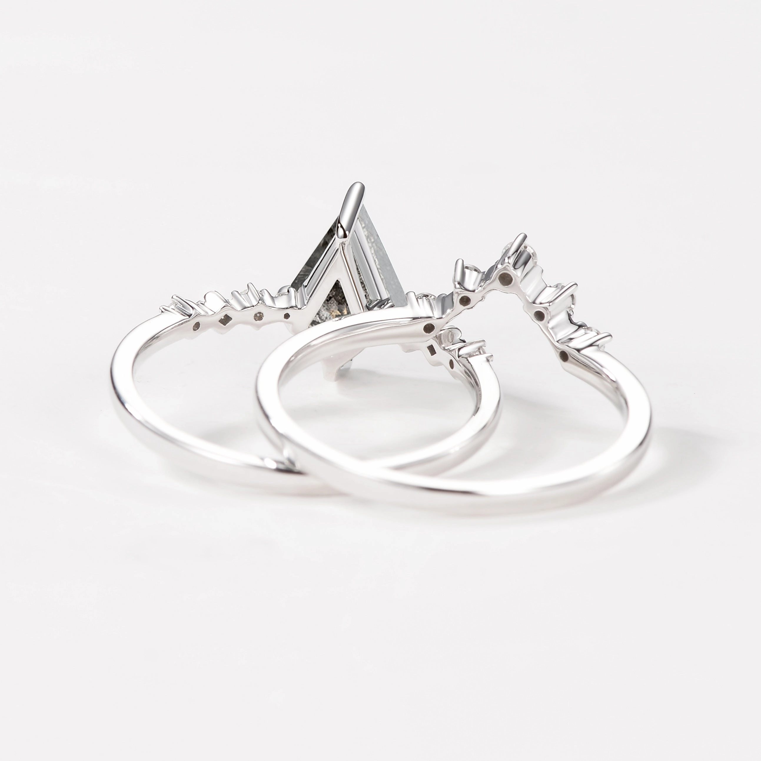 Unique Kite Salt & Pepper Diamonds Non-traditional Engagement Ring 2pcs Contemporary Trinket