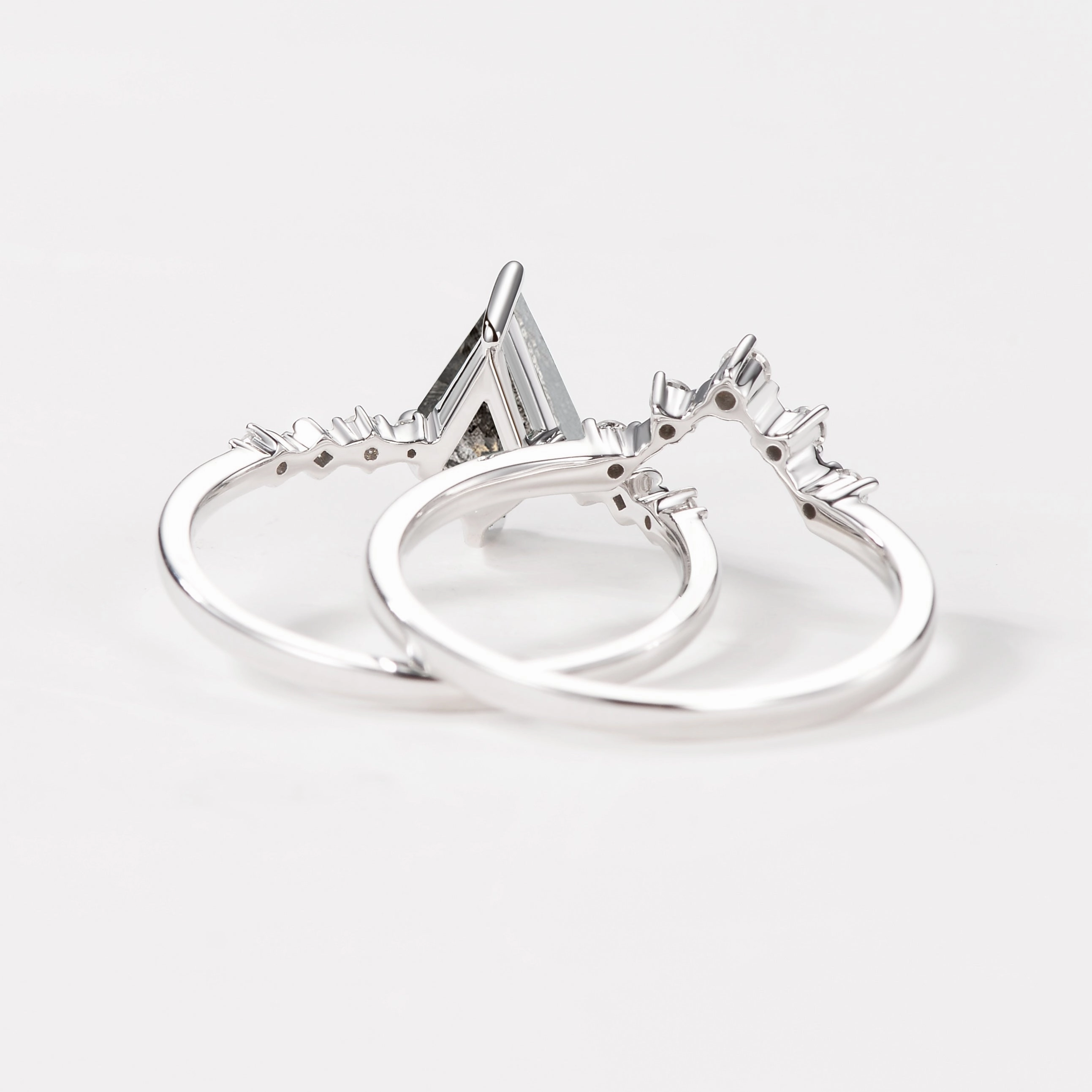 Unique Kite Salt & Pepper Diamonds Non-traditional Engagement Ring 2pcs Chic Flair Elegant Form