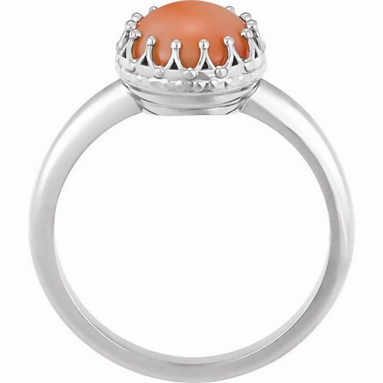 14K White 5 mm Natural Pink Coral Crown Cabochon Ring Memorable Accessory
