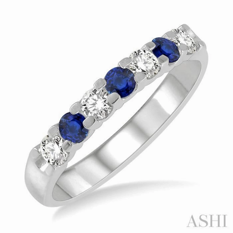 2.6 MM Sapphire and 1/4 Ctw Round Cut Diamond Precious Wedding Band in 14K White Gold Opalescent Glow Award winning