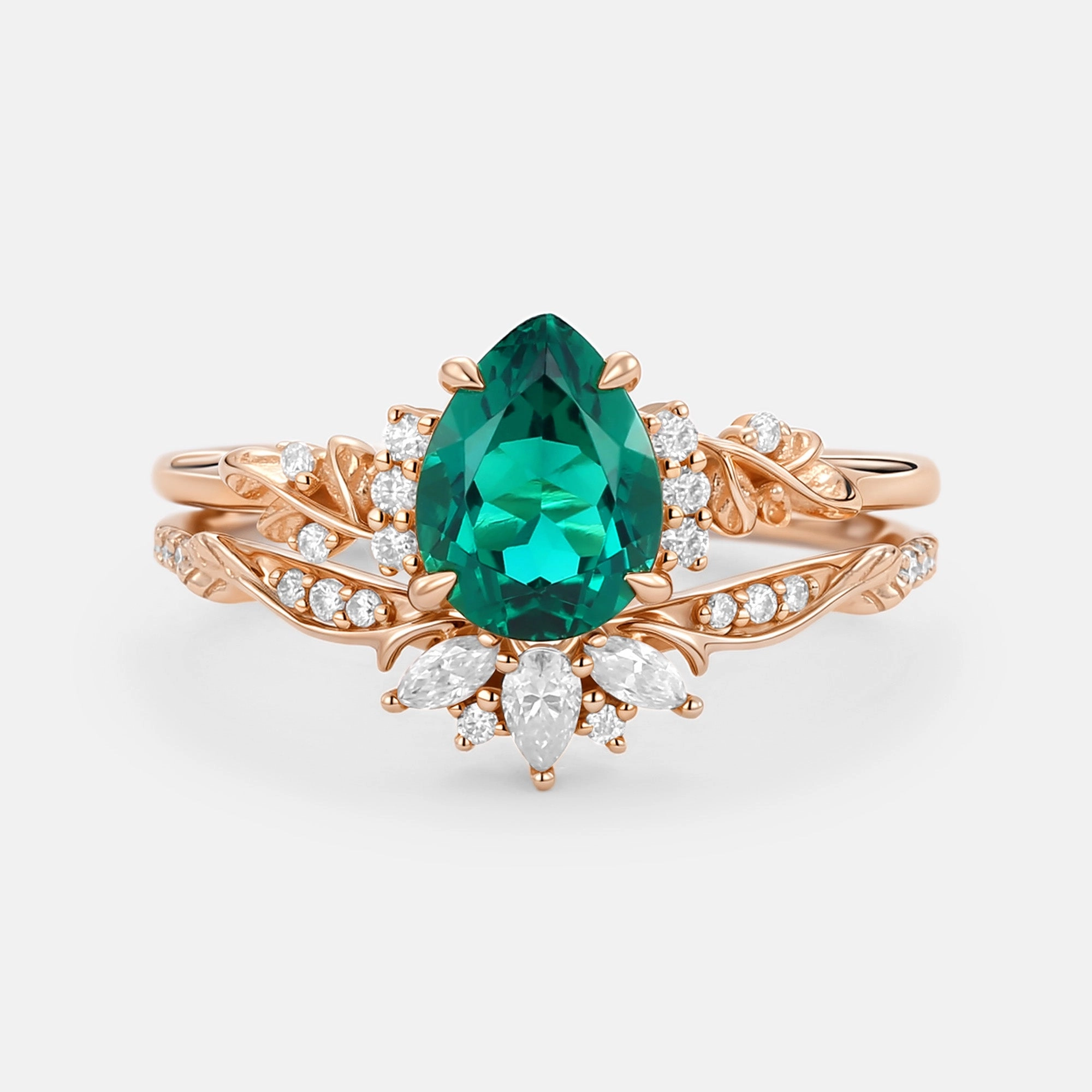 Unique Ornament Iconic design Flower Pear Cut Lab Pink Sapphire Leafy Ring Sets 2pcs - Lola