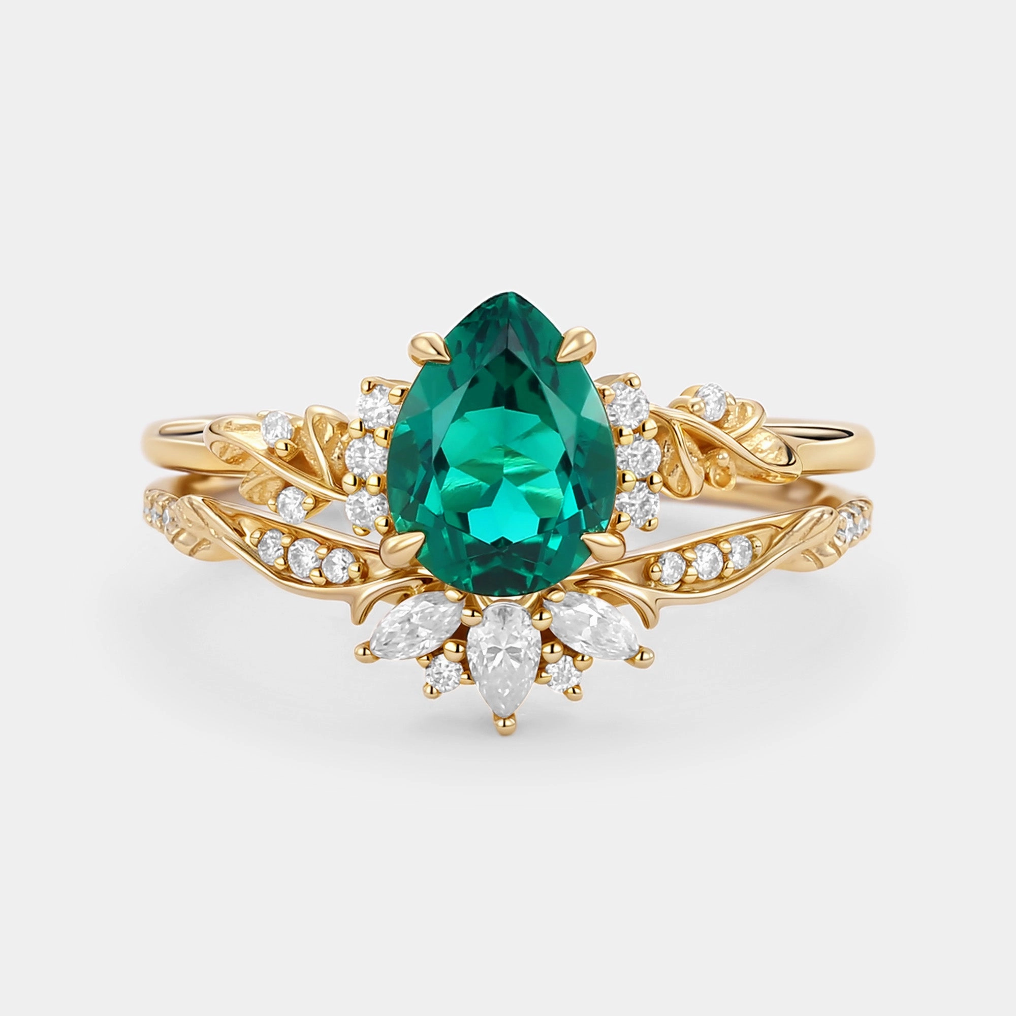 Flower Pear Cut Lab Pink Sapphire Leafy Ring Sets 2pcs - Lola Signed Piece