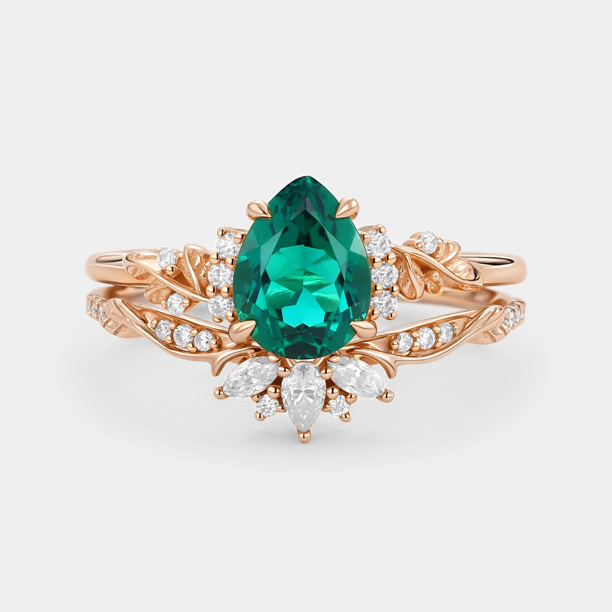 Flower Pear Cut Lab Pink Sapphire Leafy Ring Sets 2pcs - Lola Lightweight Style