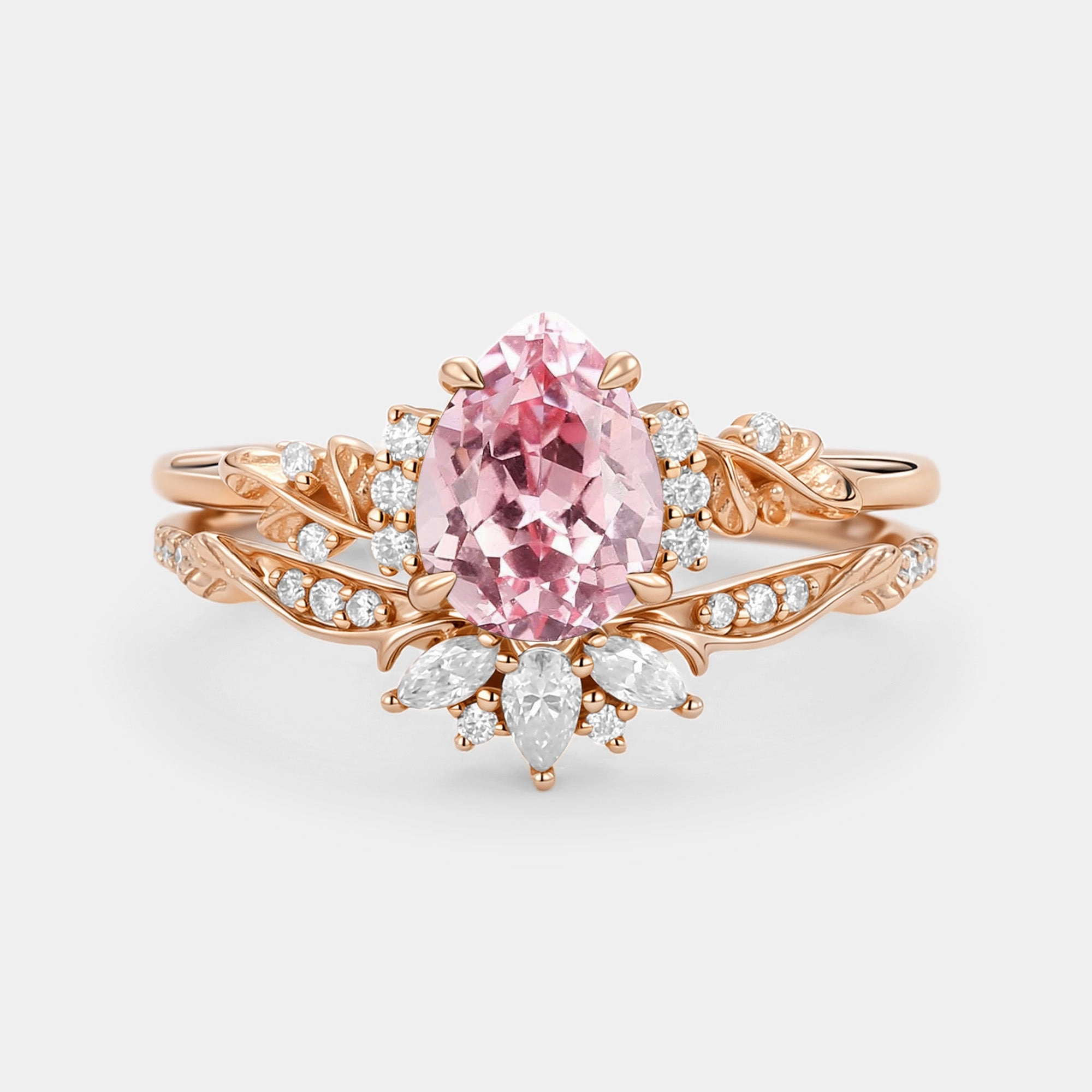 Vintage Mood Chic Flair Flower Pear Cut Lab Pink Sapphire Leafy Ring Sets 2pcs - Lola