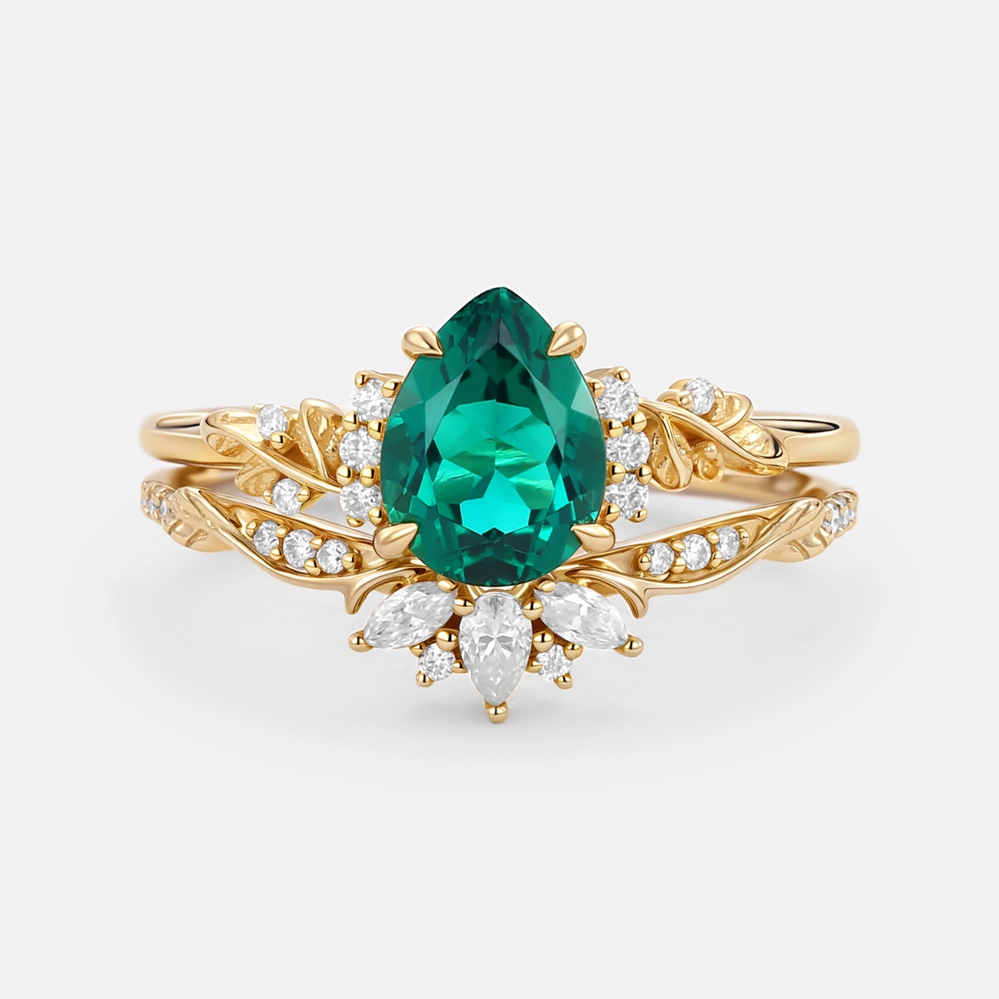 Flower Pear Cut Lab Pink Sapphire Leafy Ring Sets 2pcs - Lola Exclusive Appeal