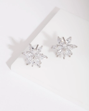 Silver Diamond Simulant Elegant Flower Stud Earring Bold Layer