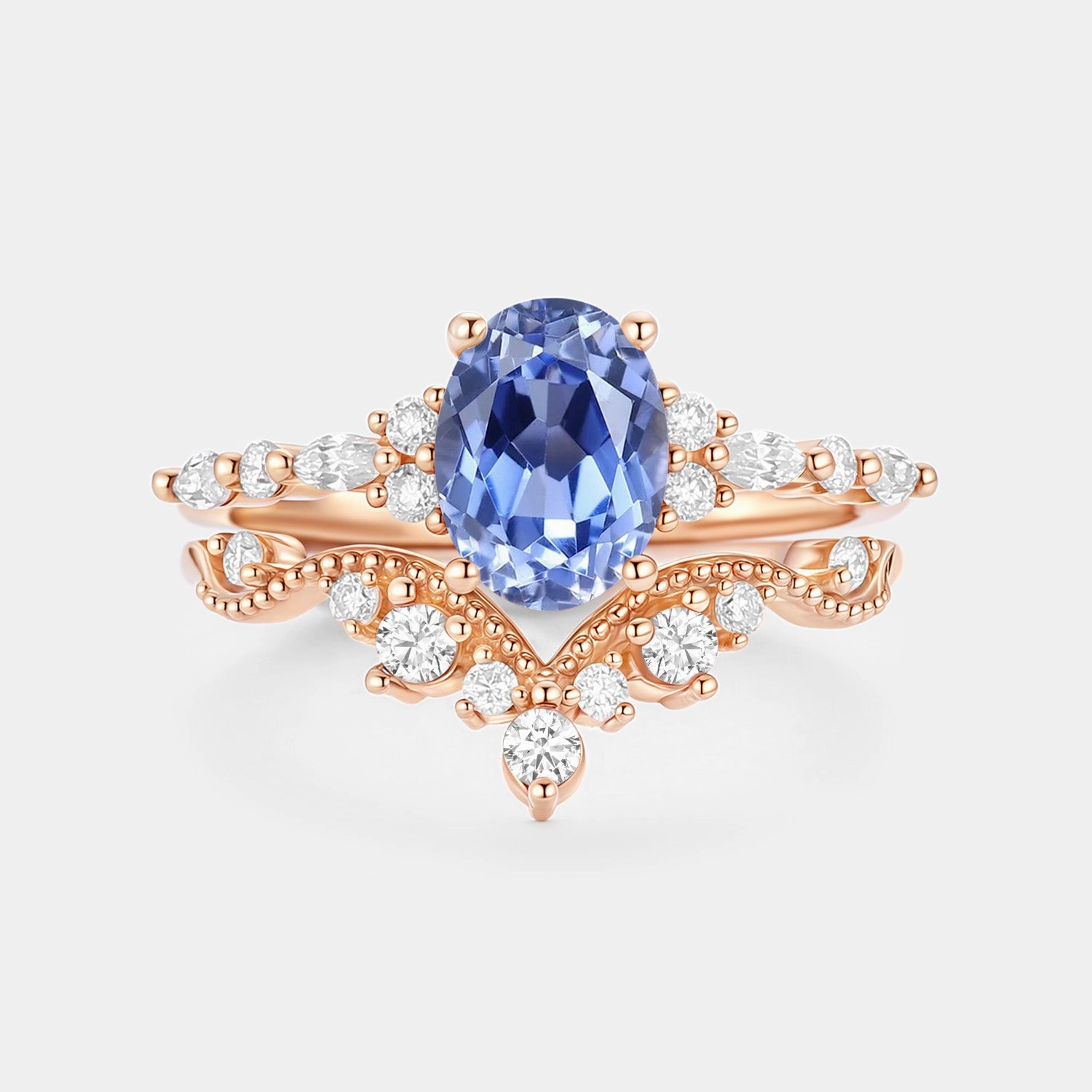 Oval Cut Lab Cornflower Sapphire Cluster Engagement Ring Sets 2pcs - Kira Exclusive Ornament Luxury Insignia
