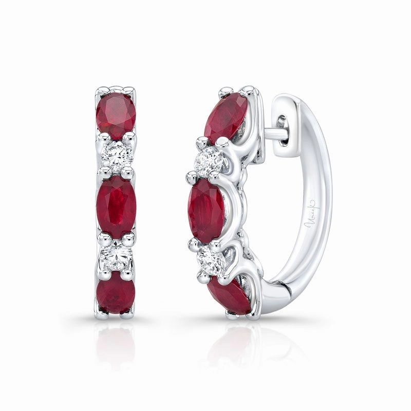 Festive Touch Close Detail Precious Collection Oval Shaped Ruby Huggie Earrings