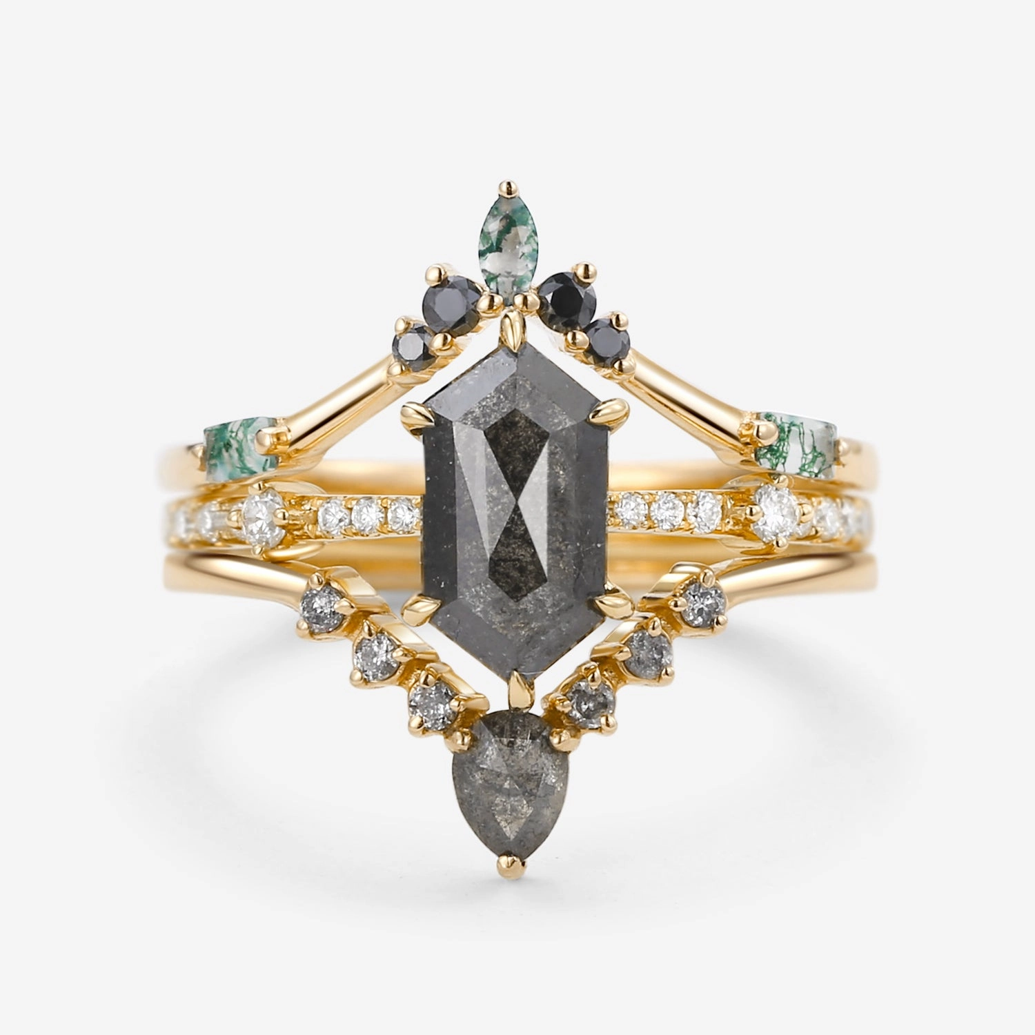 Long Hexagon Salt and Pepper Diamonds Curved Ring Set 3pcs Excellent Ornament Creative Ornament