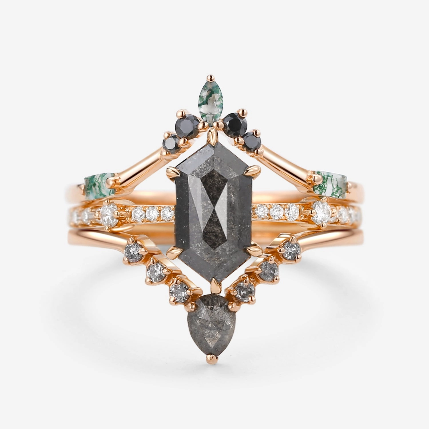 Long Hexagon Salt and Pepper Diamonds Curved Ring Set 3pcs Meaningful Item