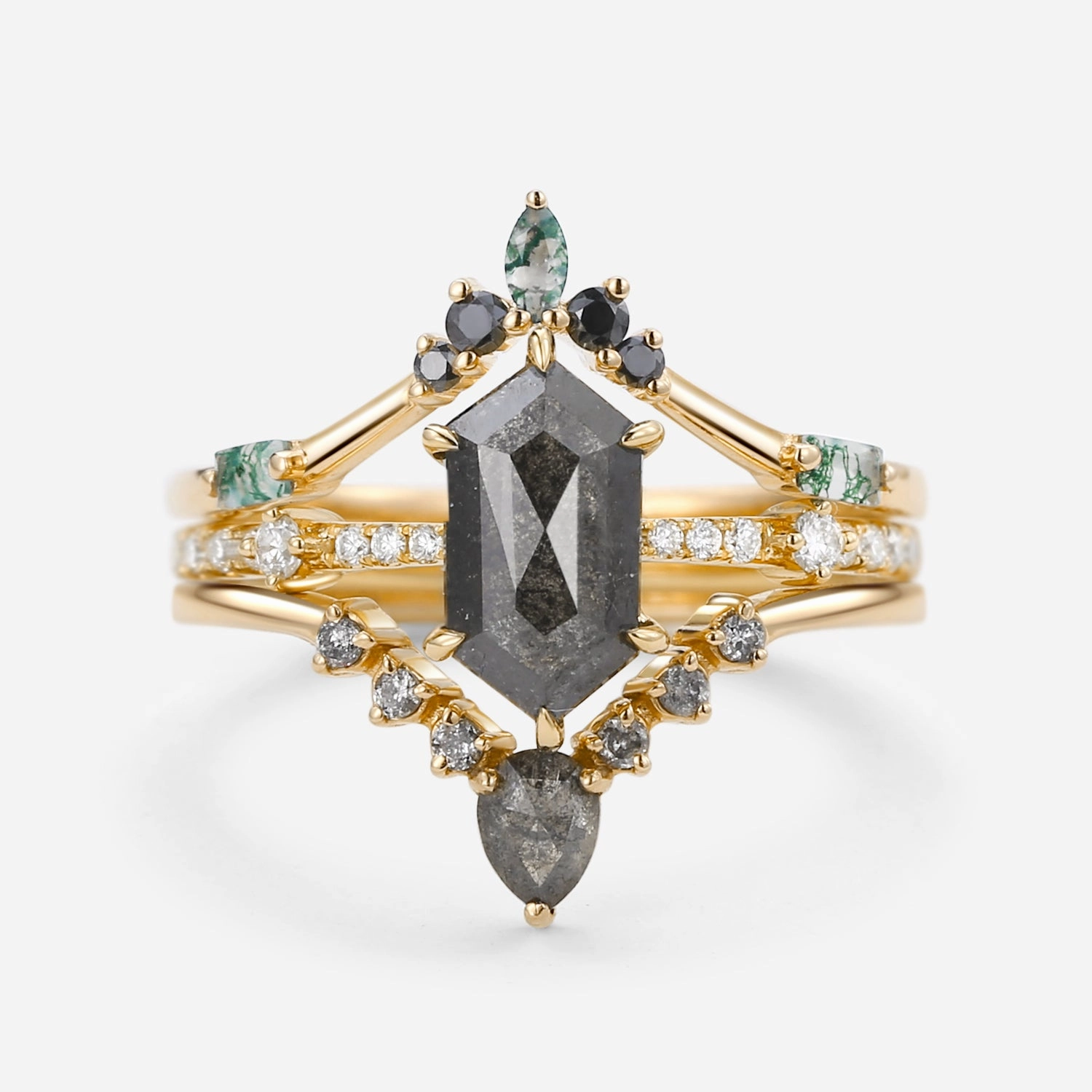 Strong Craft Artisan Design Long Hexagon Salt and Pepper Diamonds Curved Ring Set 3pcs