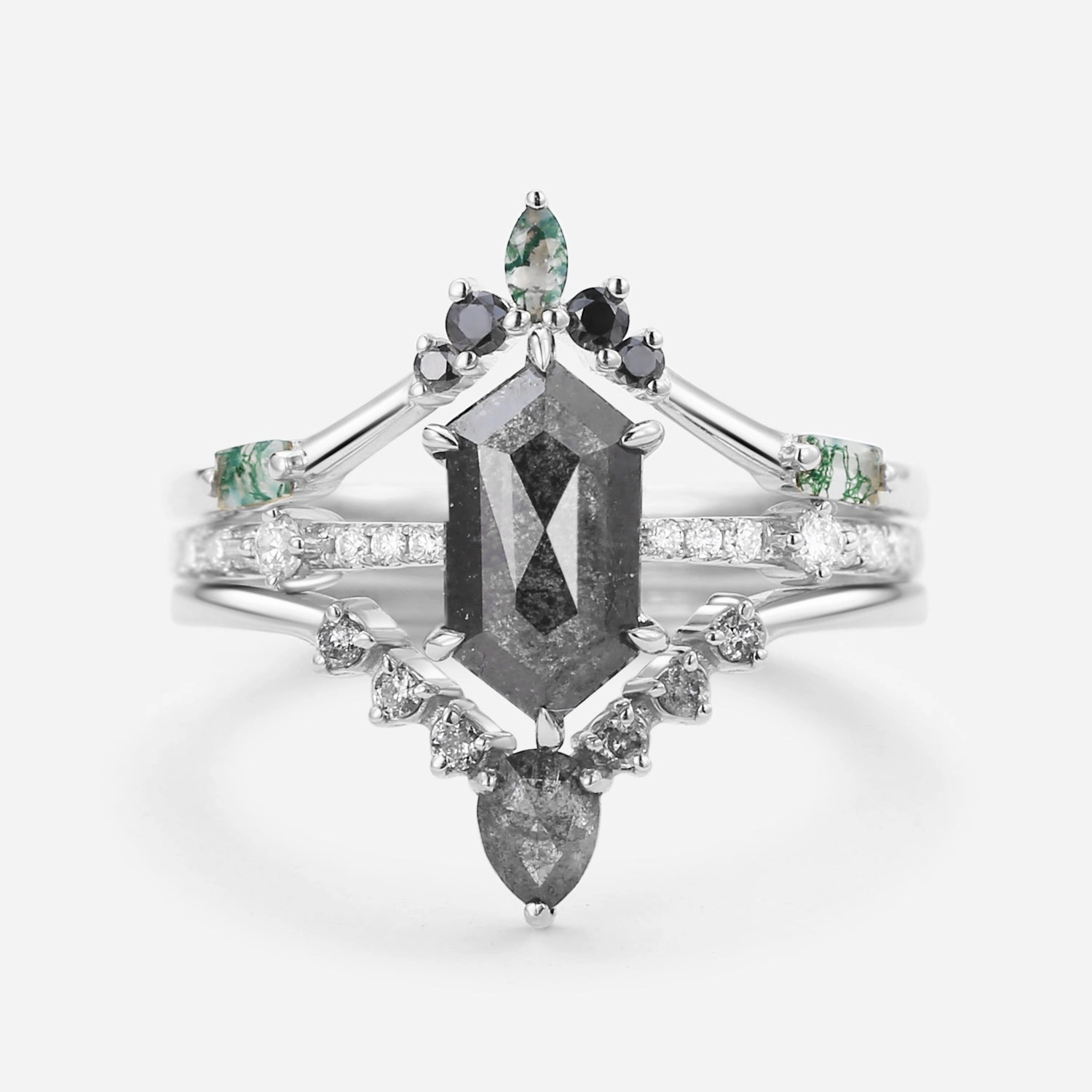 Long Hexagon Salt and Pepper Diamonds Curved Ring Set 3pcs Long-Lasting Shine