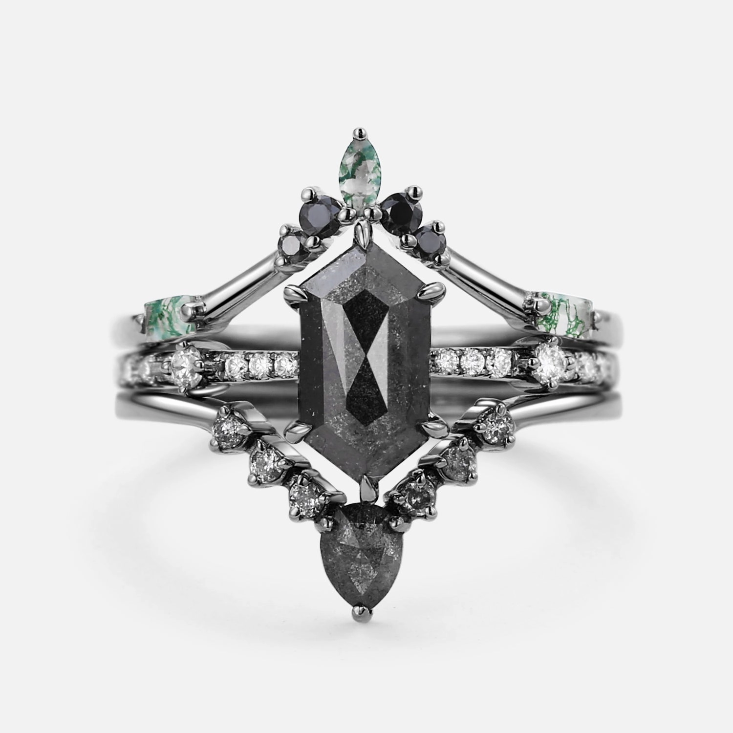 Festive Touch Long Hexagon Salt and Pepper Diamonds Curved Ring Set 3pcs