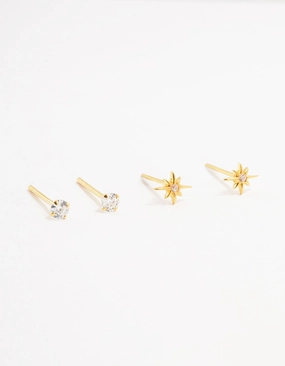 Impeccable Highlight Gold Plated Sterling Silver Mini Starburst Earrings 2-Pack