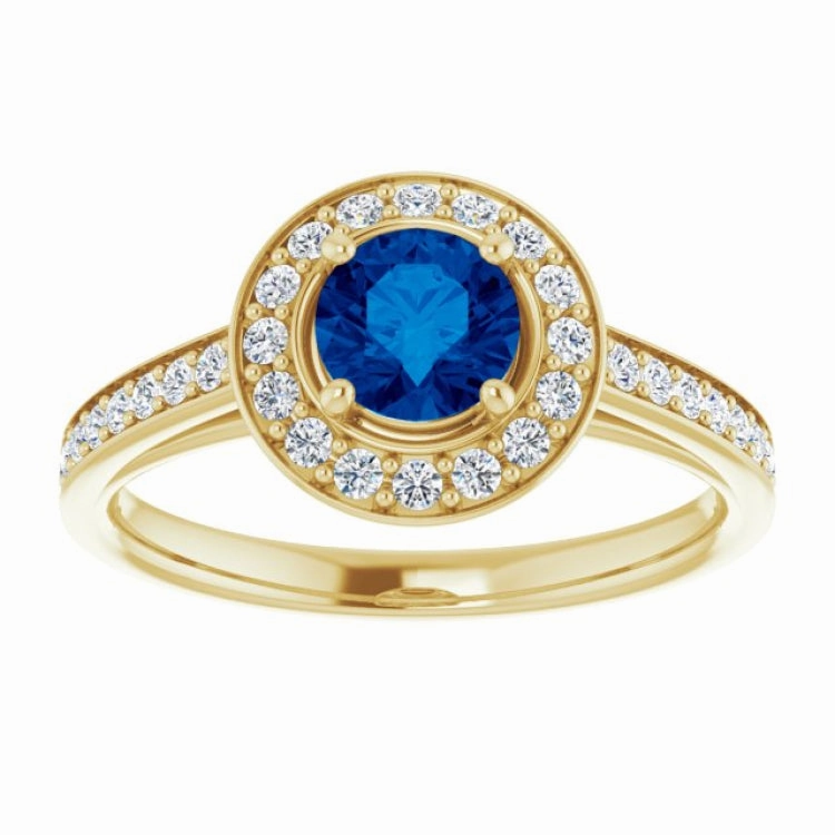 Classic Style Designer Decoration 14K Yellow Lab-Grown Blue Sapphire & 1/3 CTW Natural Diamond Ring