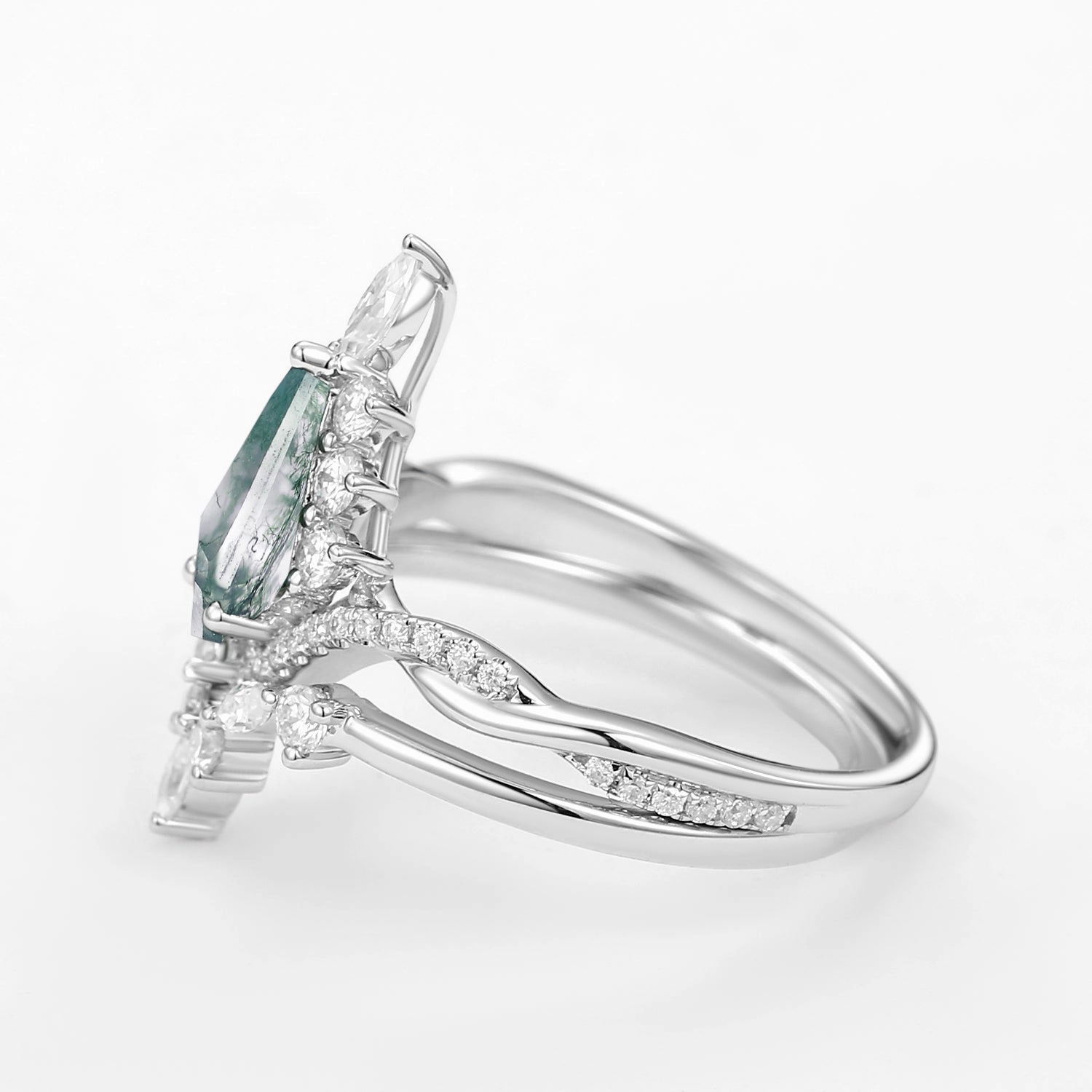 Lustrous Accent Unique Moss Agate Kite Shape Engagement Ring Sets 2pcs