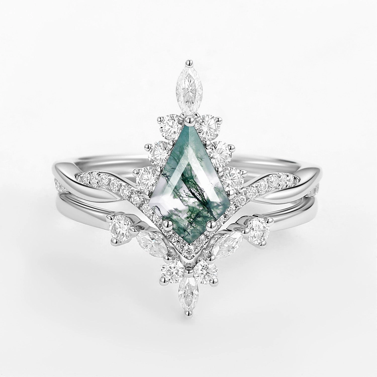 Unique Moss Agate Kite Shape Engagement Ring Sets 2pcs Artisan Craft Beautiful Keepsake