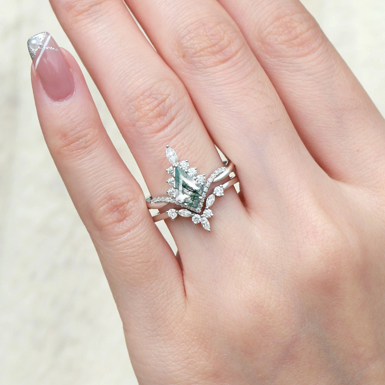 Unique Moss Agate Kite Shape Engagement Ring Sets 2pcs Sentimental Jewelry