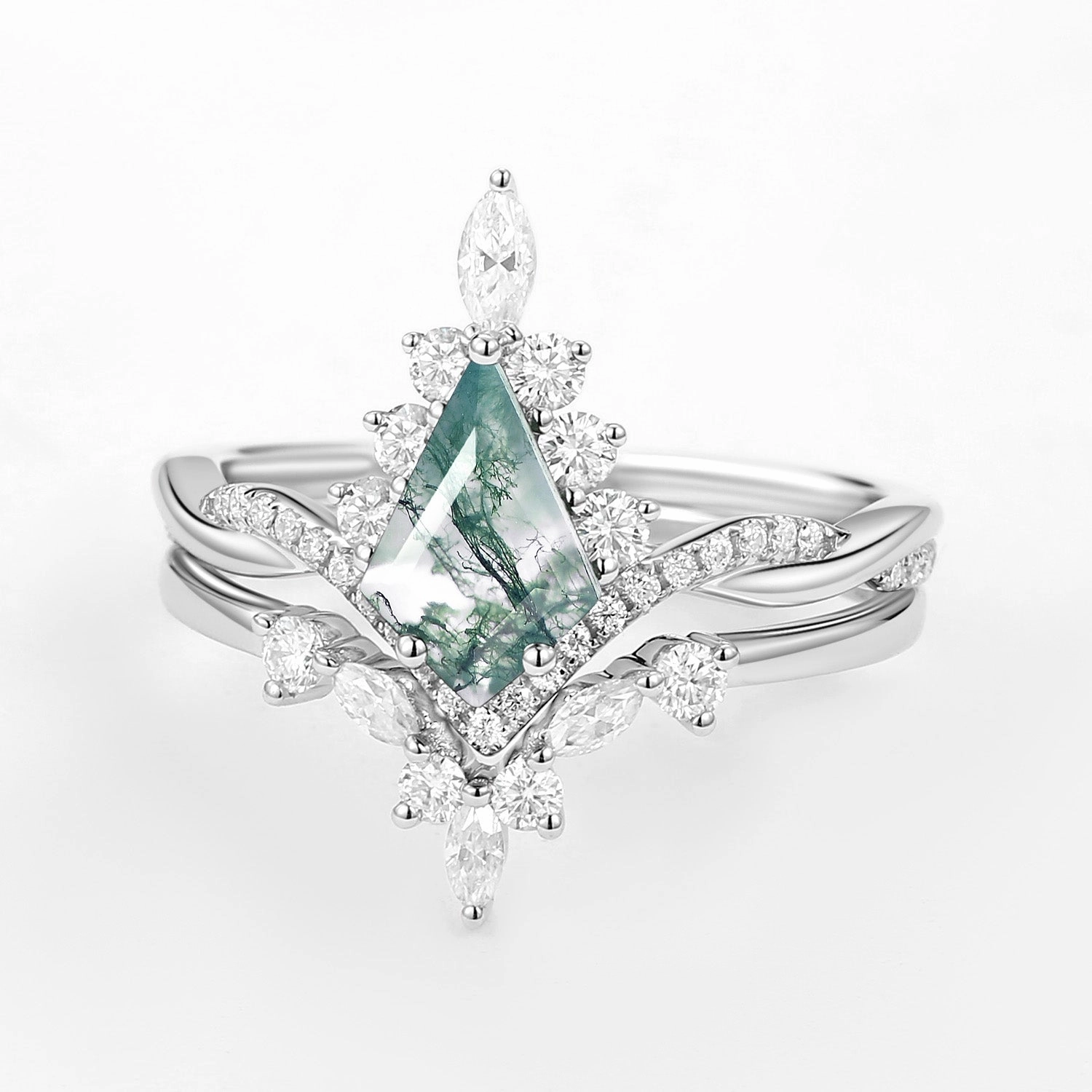 Unique Moss Agate Kite Shape Engagement Ring Sets 2pcs Exquisite Object