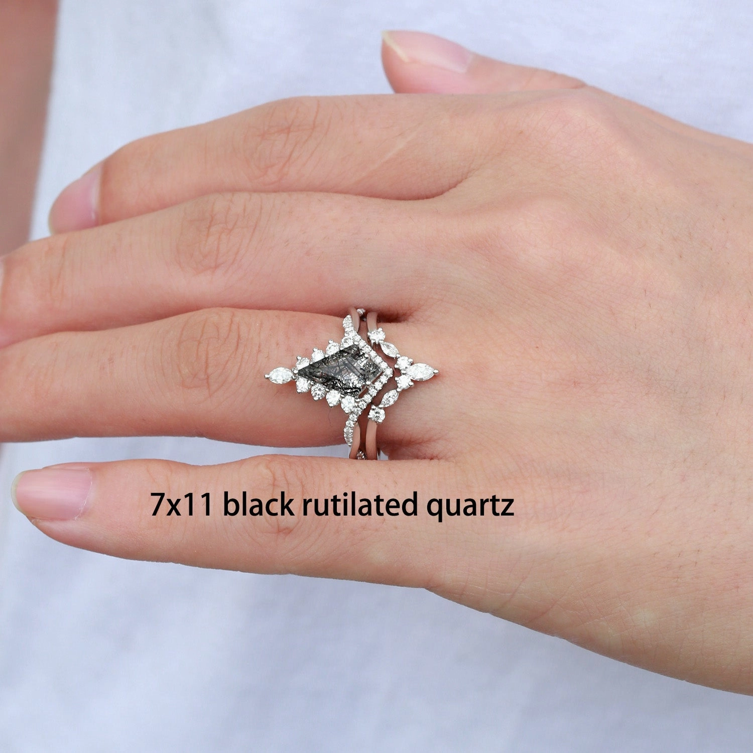 Custom Article Occasion Wear Unique Moss Agate Kite Shape Engagement Ring Sets 2pcs