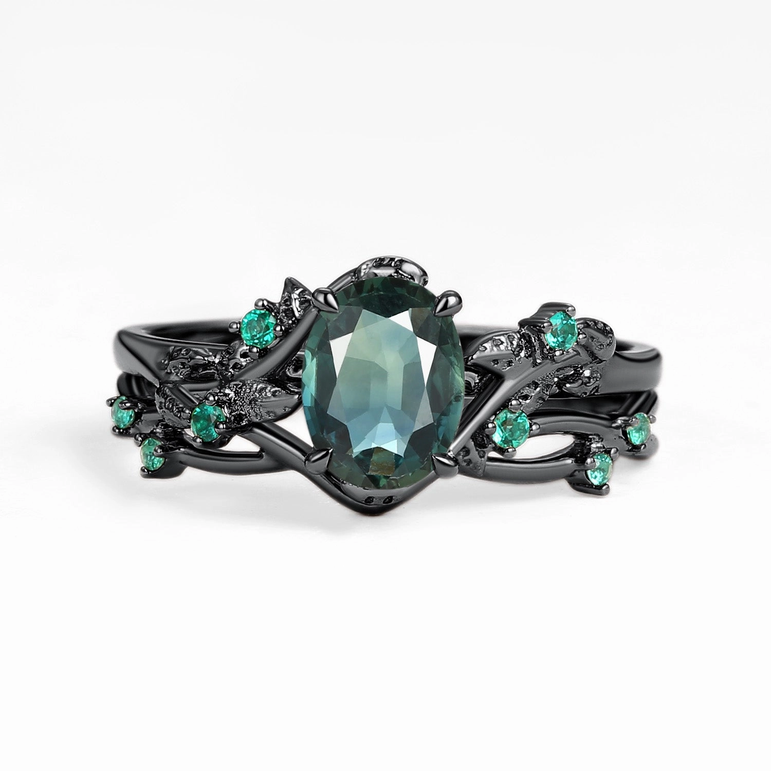 Exquisite Piece Nature Inspired - Oval Cut Moss Agate Leafy Black Gold Ring Set 2pcs - Mossy